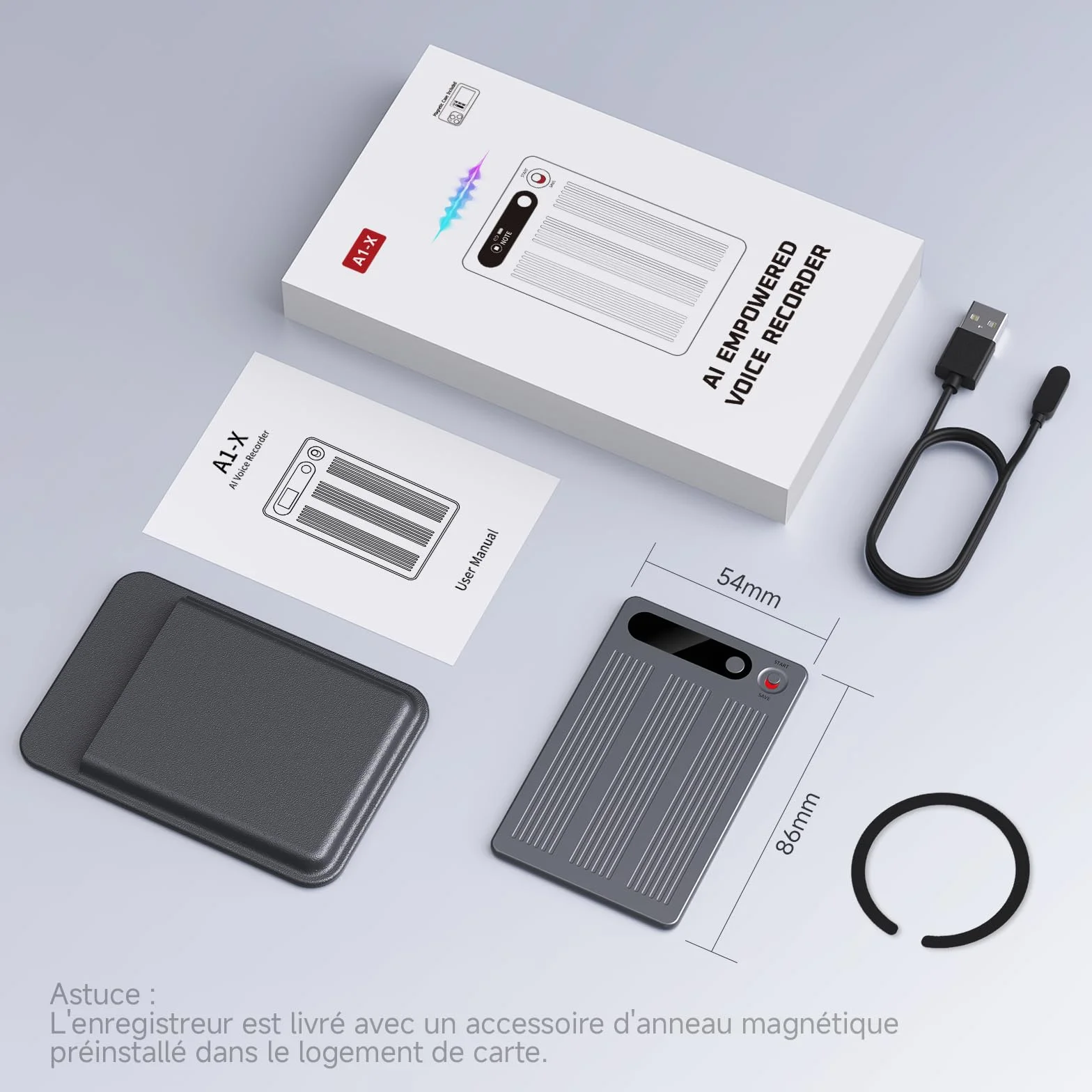 Enregistreur Vocal IA avec Étui magnétique Dictaphone - Contrôle par App, Traducteur & Transcription & résumé, 80+ Langues pour Conférences Appels