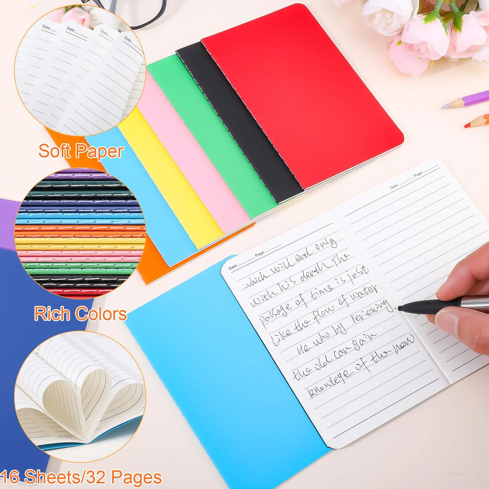 Yoosso Lot de 20 blocs-notes A6 ligné 9 x 14 cm 10 couleurs 16 feuilles