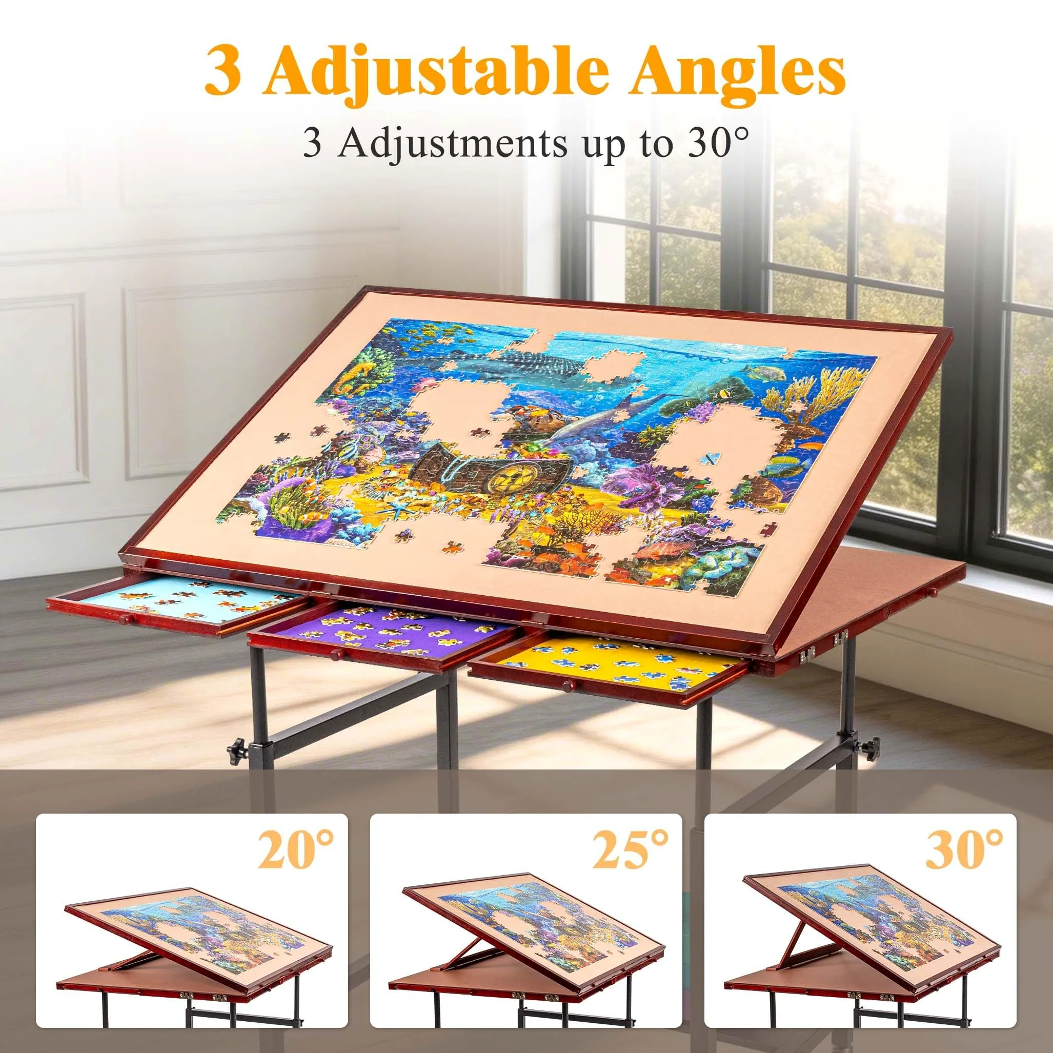 Table puzzle de 1500 pièces avec 5 tiroirs et couvercle, plateau puzzle inclinable sur roulettes, 3 angles d'inclinaison et réglage de la hauteur, porte-gobelet et support pour boîte à
