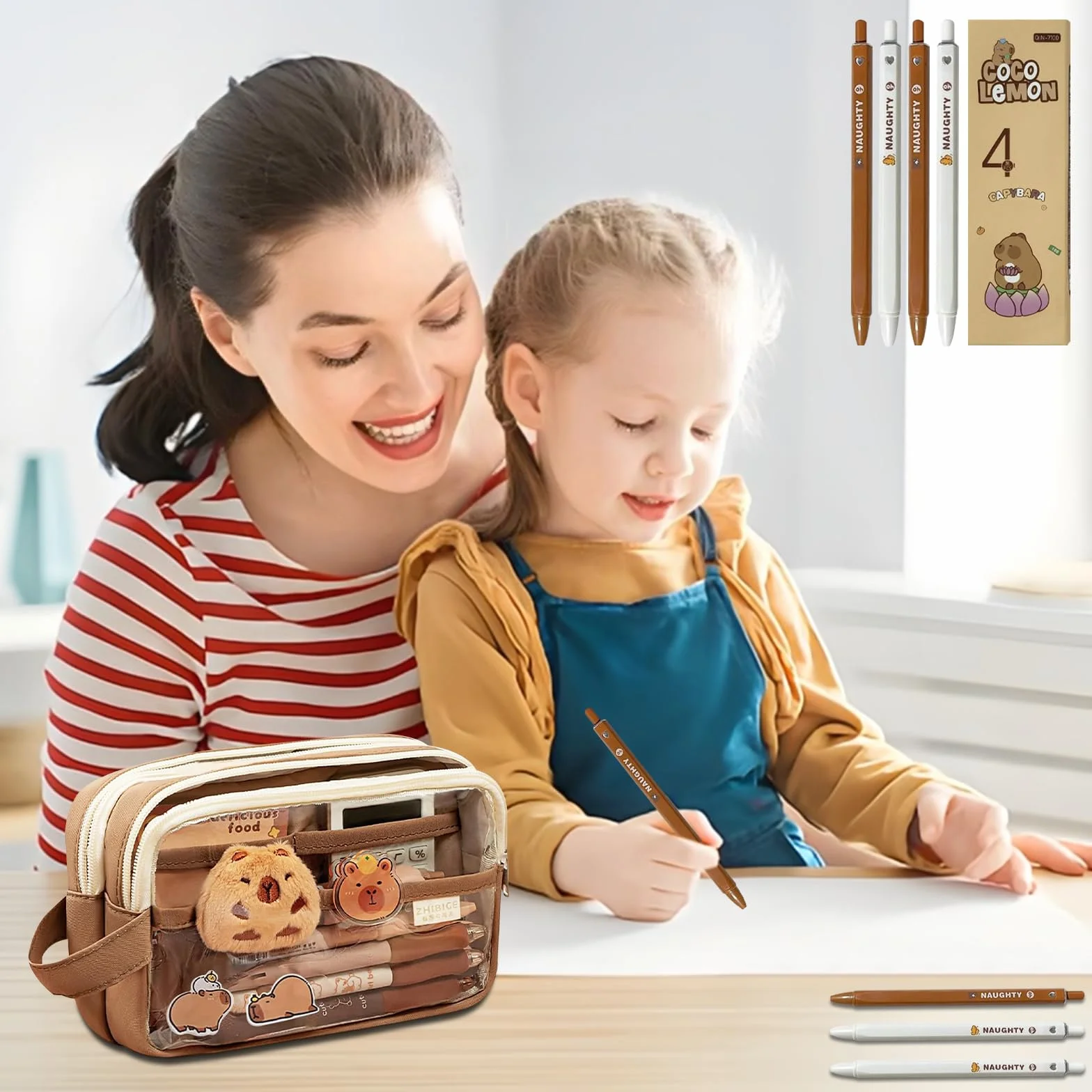 Trousse Capybara Ensemble Papeterie avec Stylo Autocollants Pins Porte-clés Blocs-Notes Grande Capacité Cadeau Fille Garçon