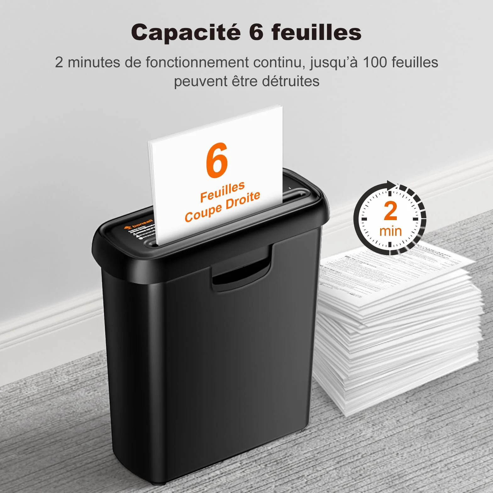 Bonsaii Destructeur de Documents Bras télescopique, déchiqueteuse Coupe en Bandes, 6 Feuilles, 9 litres, Niveau sécurité P2