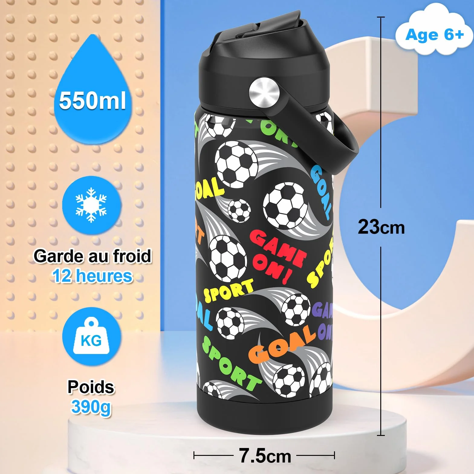 Gourde Isotherme Enfant Acier Inoxydable 550 ml Sans BPA Anti-fuite Bouteille Eau École