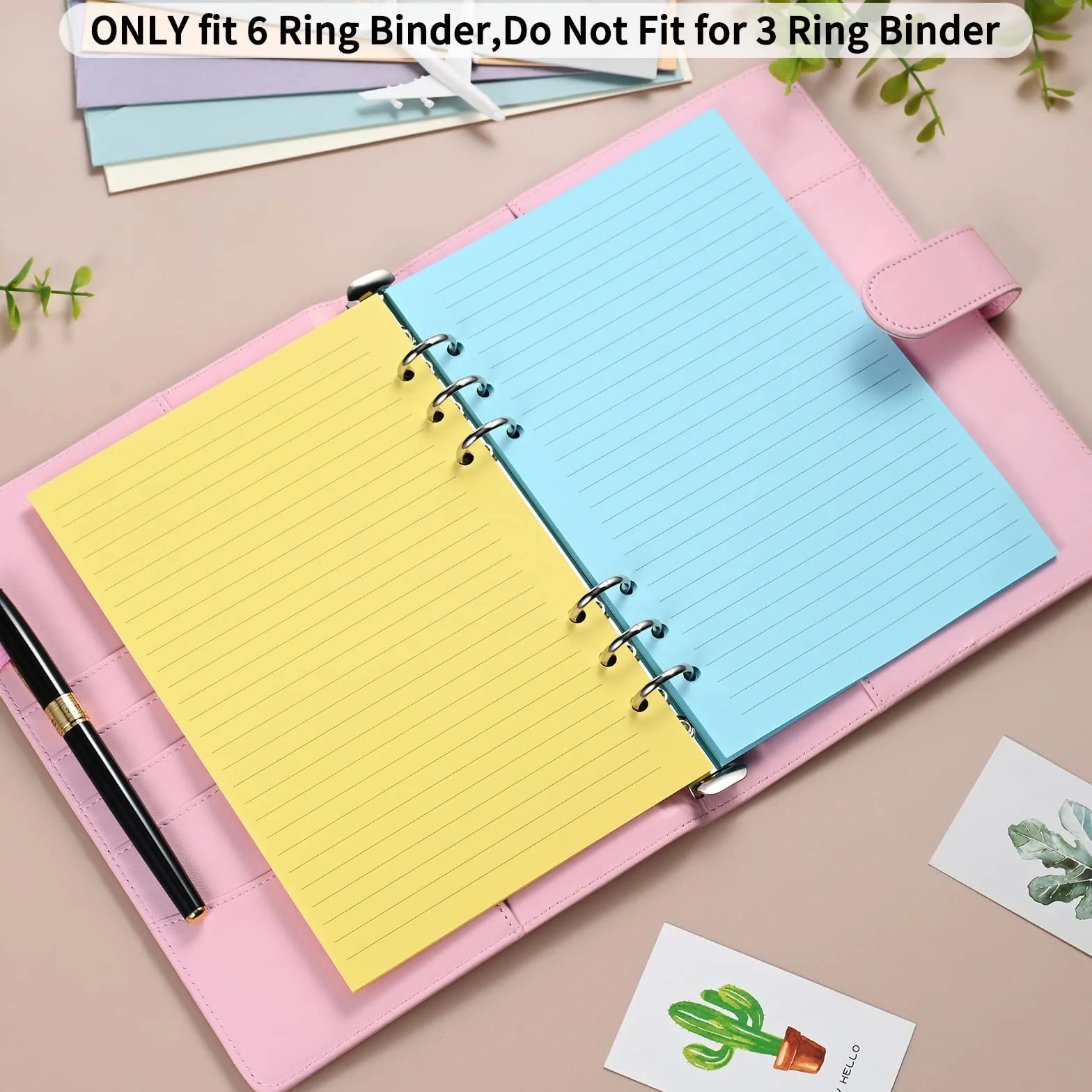 Recharge papier ligné A5, pages colorées pour classeur 6 anneaux, perforé 6 trous, compatible stylo plume, double face