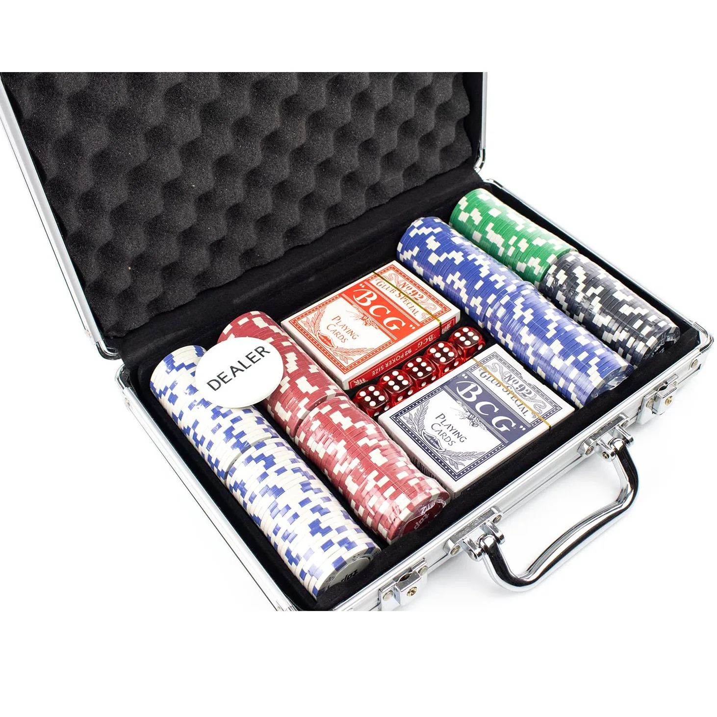 Mallette de poker avec 200 jetons de poker de 5 valeurs différentes, 5 dés, distributeur de jetons et 2 jeux de poker · Set de poker professionnel avec mallette de poker en aluminium solide
