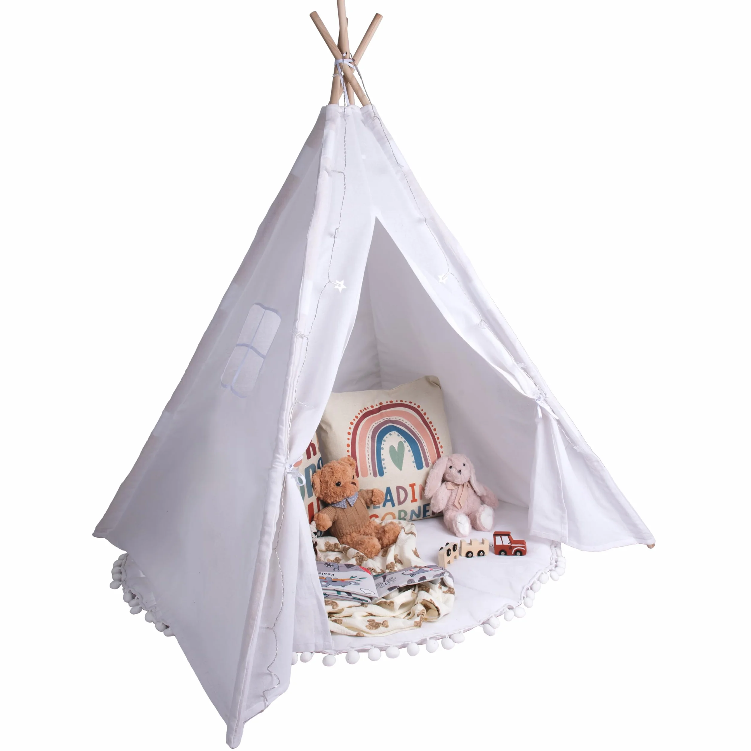 Tente tipi pour enfants blanc ivoire 140x120 cm toile coton avec guirlande lumières étoile