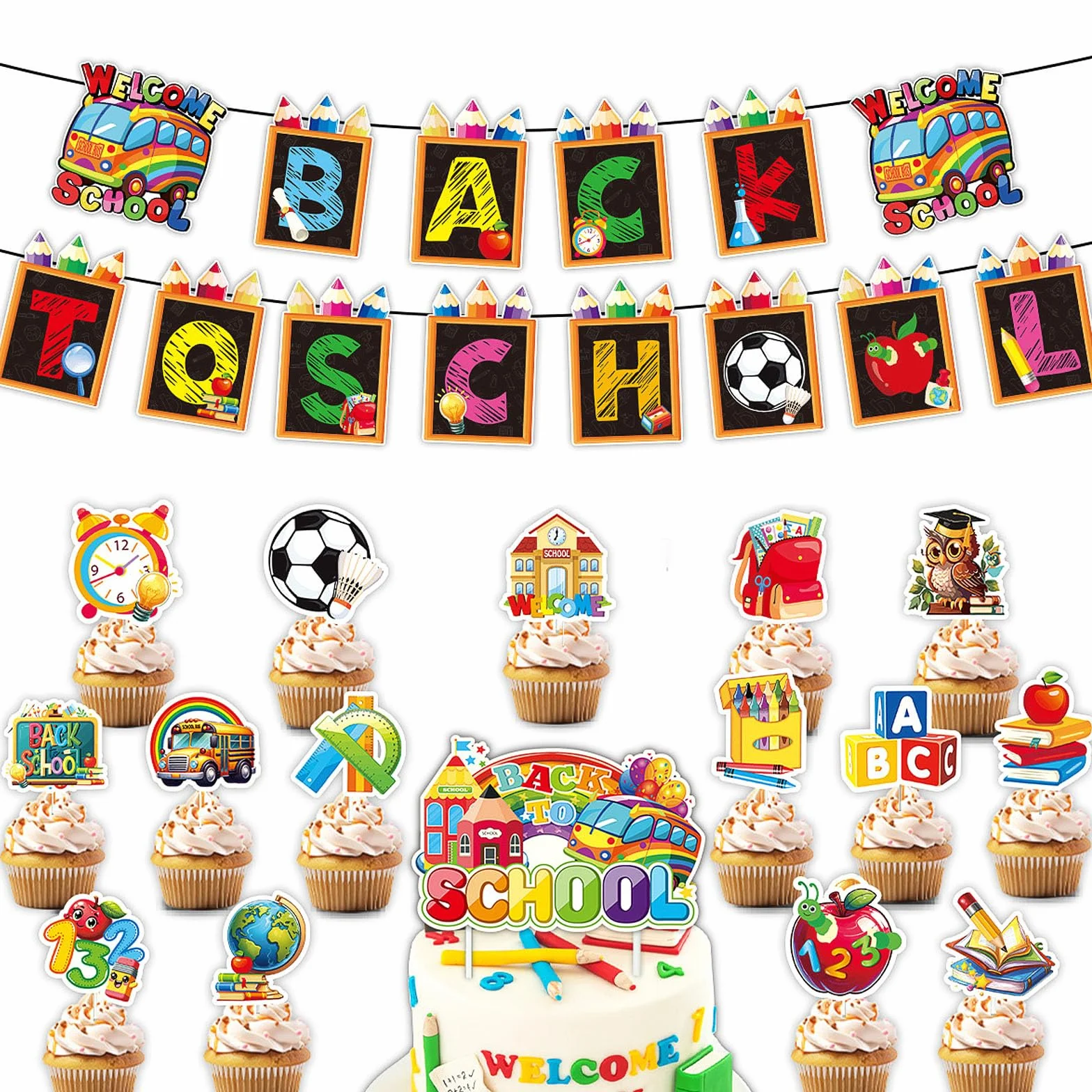 Décorations de Rentrée Scolaire Bannière de Classe 16 pièces Deco Cupcake Premier Jour d'École