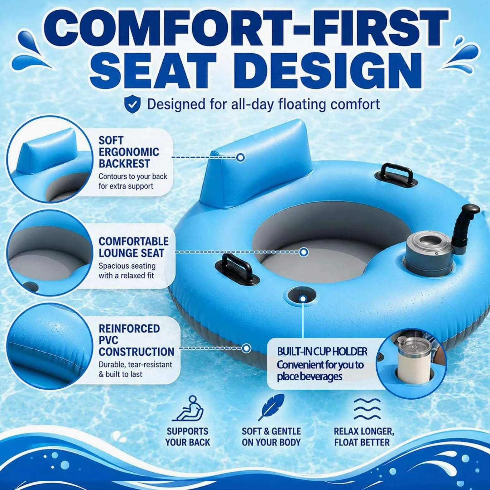 Fauteuils Flottants électriques, Bouée Gonflable, Les Adolescents | Avec Dossier Ergonomique Surélevé, Capacité De Charge De 113 Kg (250 Lbs), Pour Les Réunions De Famille Estivales
