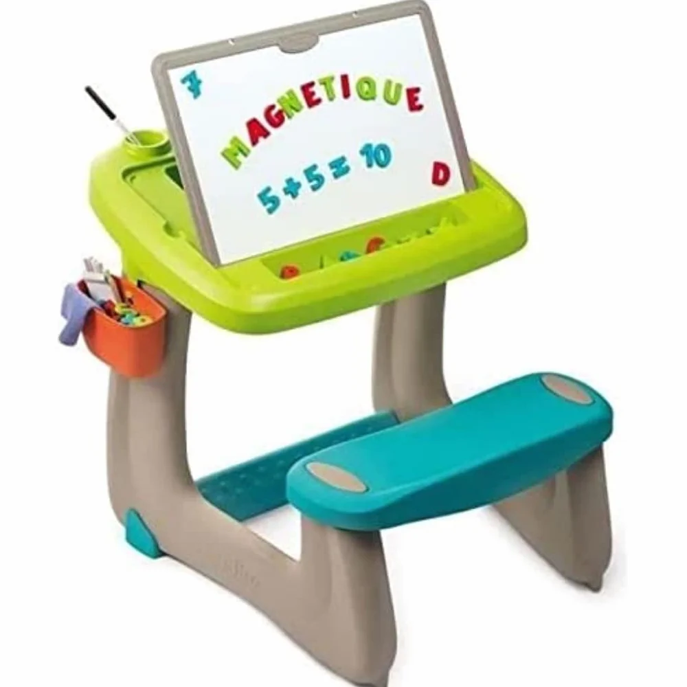 Smoby Bureau Petit Ecolier Bureau Enfant Double Face Blanche Magnétique Ardoise Craie 80 Accessoires Inclus Dès 3 Ans