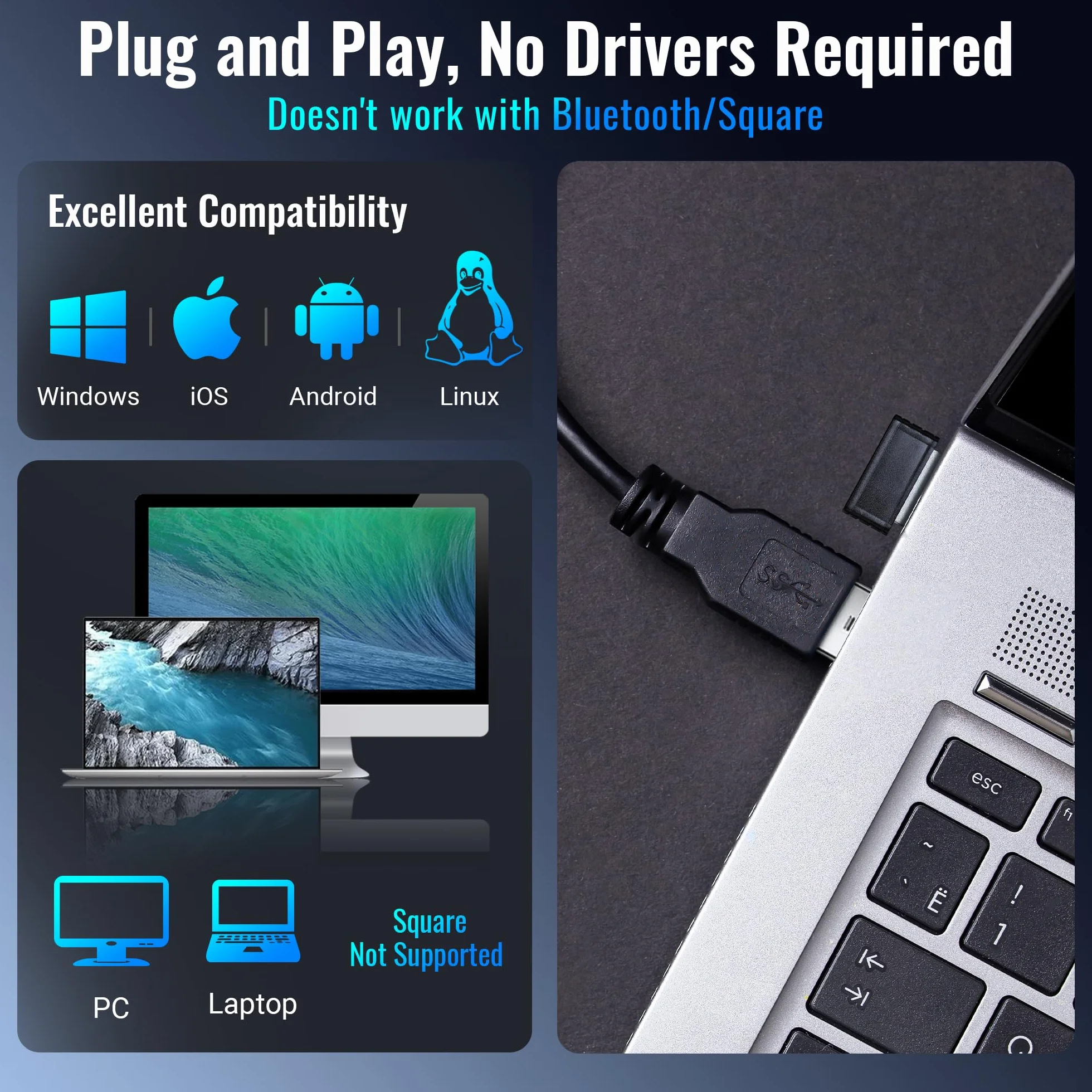Tera Lecteur de Codes-Barres sans Fil 2,4 GHz Filaire USB 2.0 Douchette 1D Rechargeable Modèle 5100
