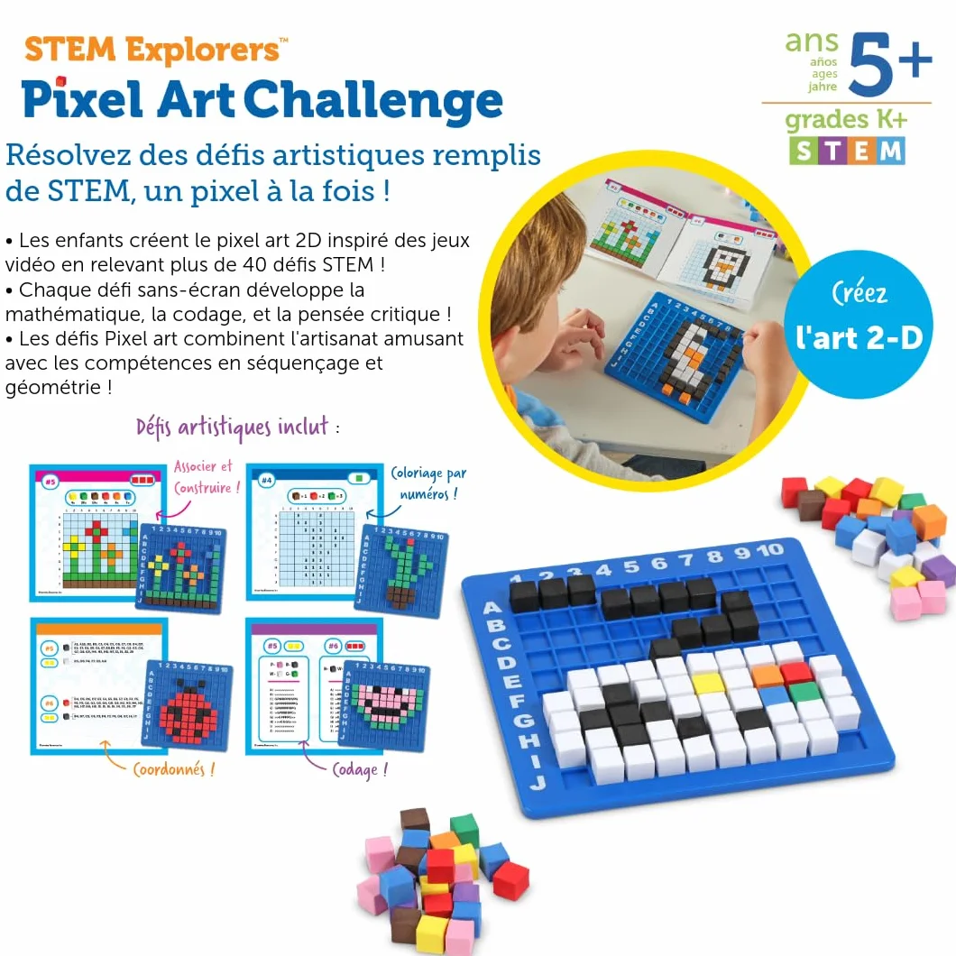 Learning Resources STEM Explorers Pixel Art Challenge, Jeu éducatif Codage sans écran 5-8 Ans, 400 Pixels, Base 10x10
