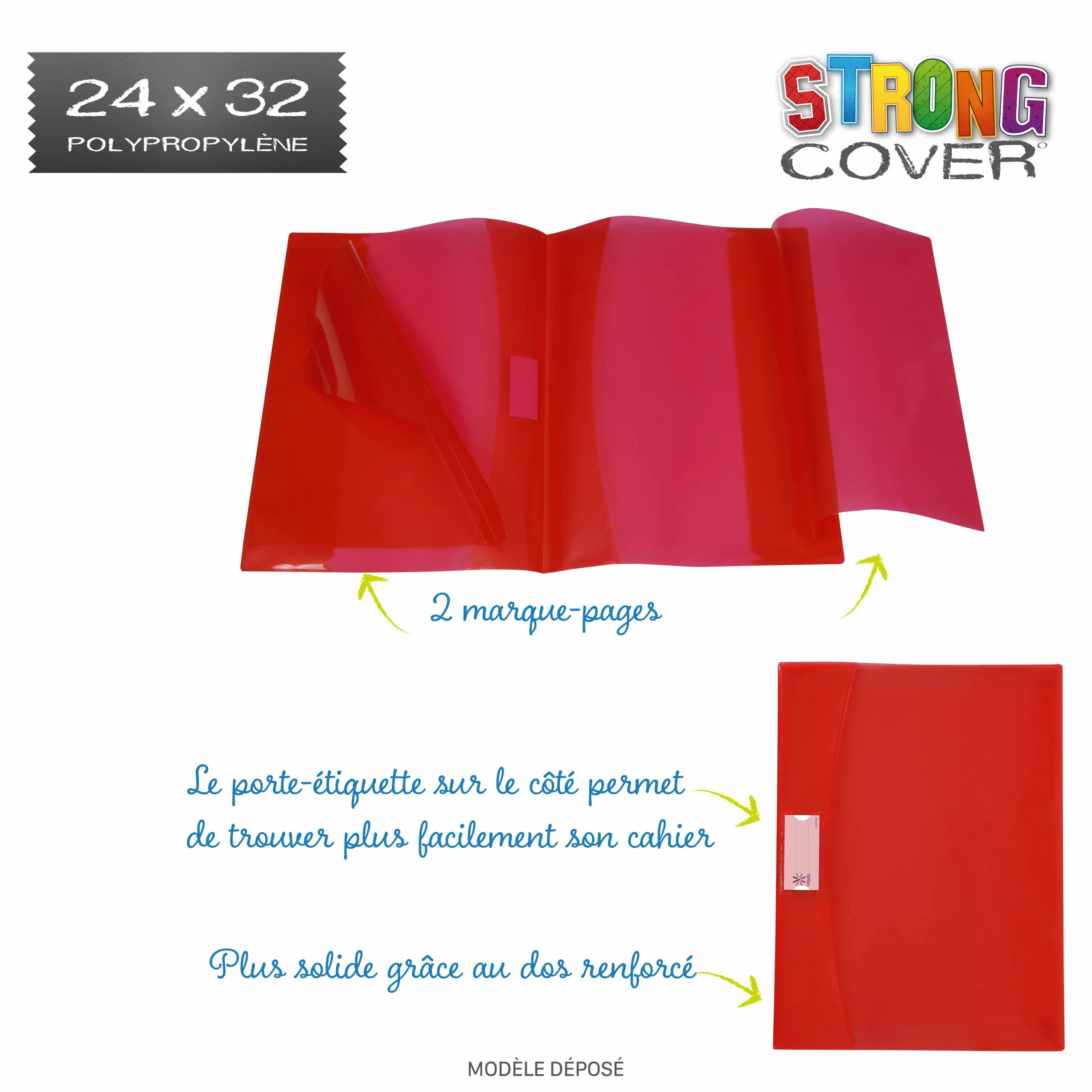 Viquel Strong Cover Protège cahier 24x32 rouge plastique qualité supérieure dos renforcé rabats marque-pages