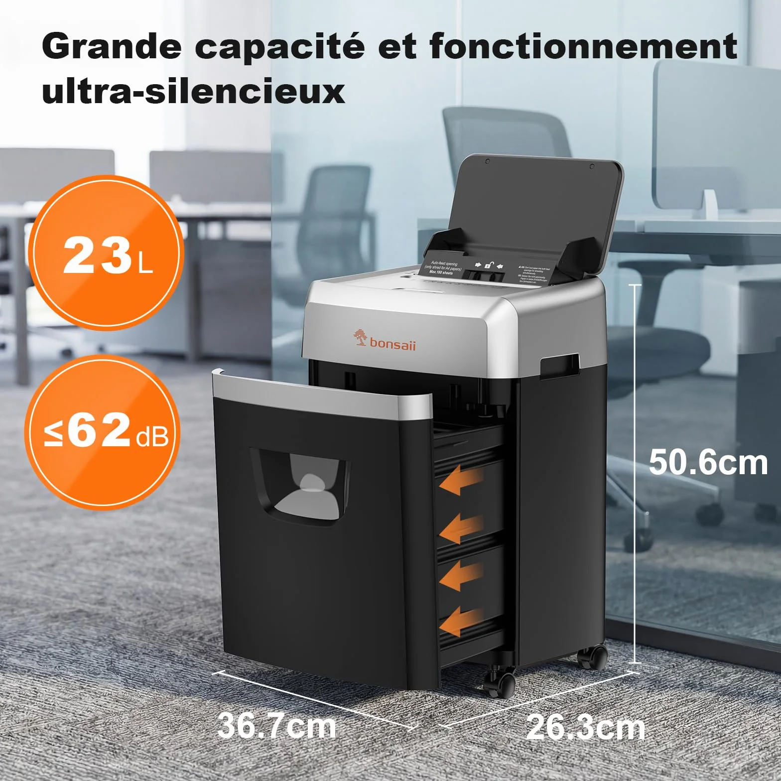 Bonsaii Destructeur de Documents Alimentation Automatique 160 Feuilles Coupe Croisée P-4 60 Minutes Fonctionnement Continu Bac 23 Litres C290-A