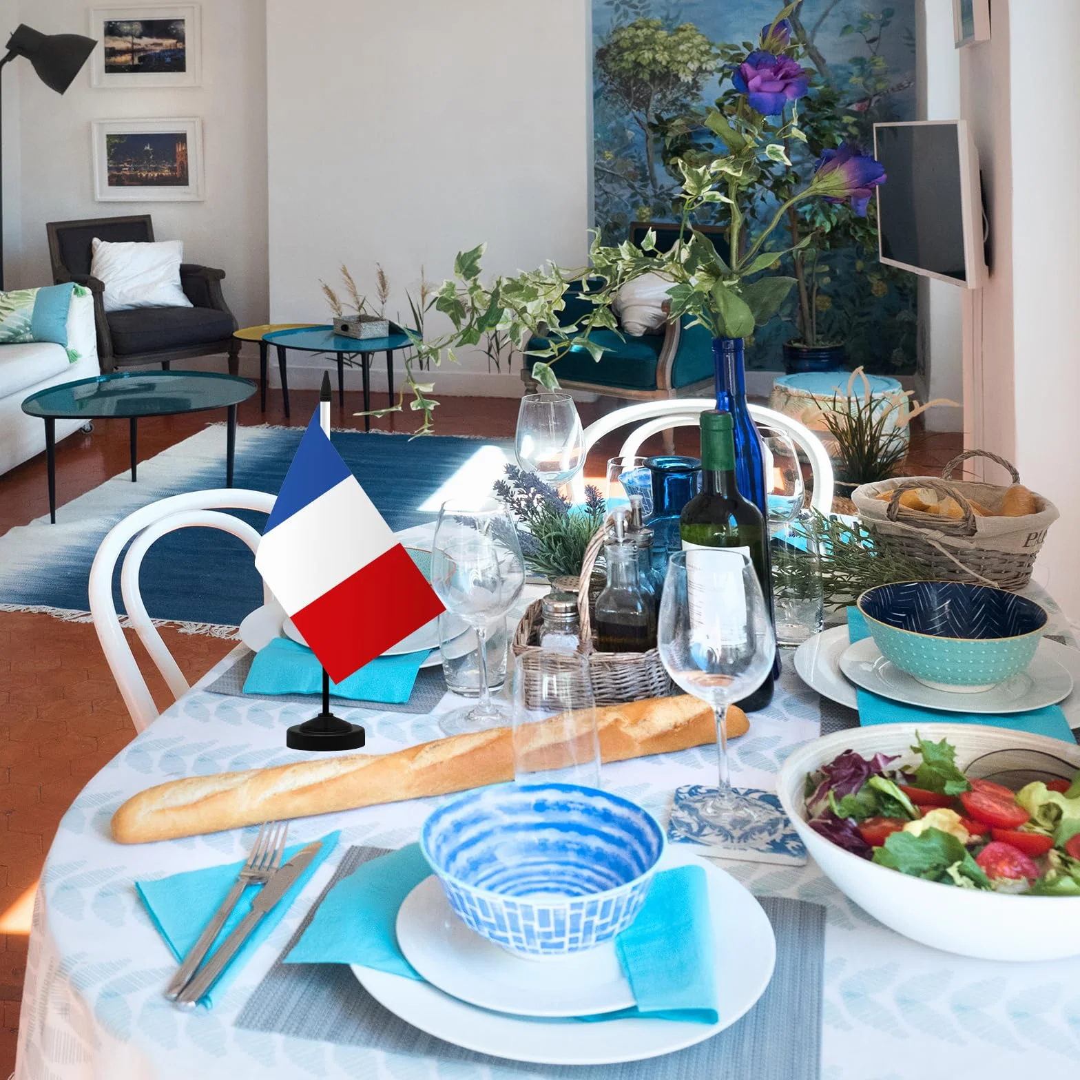 Ensemble de Drapeau Français de Table 21 x 14 CM avec Hampe et Socle 2 Pièces