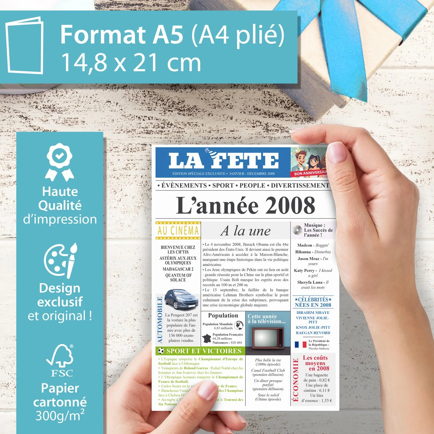 Carte Anniversaire 18 Ans Design Original Journal Année 2008 Format A5 Avec Enveloppe