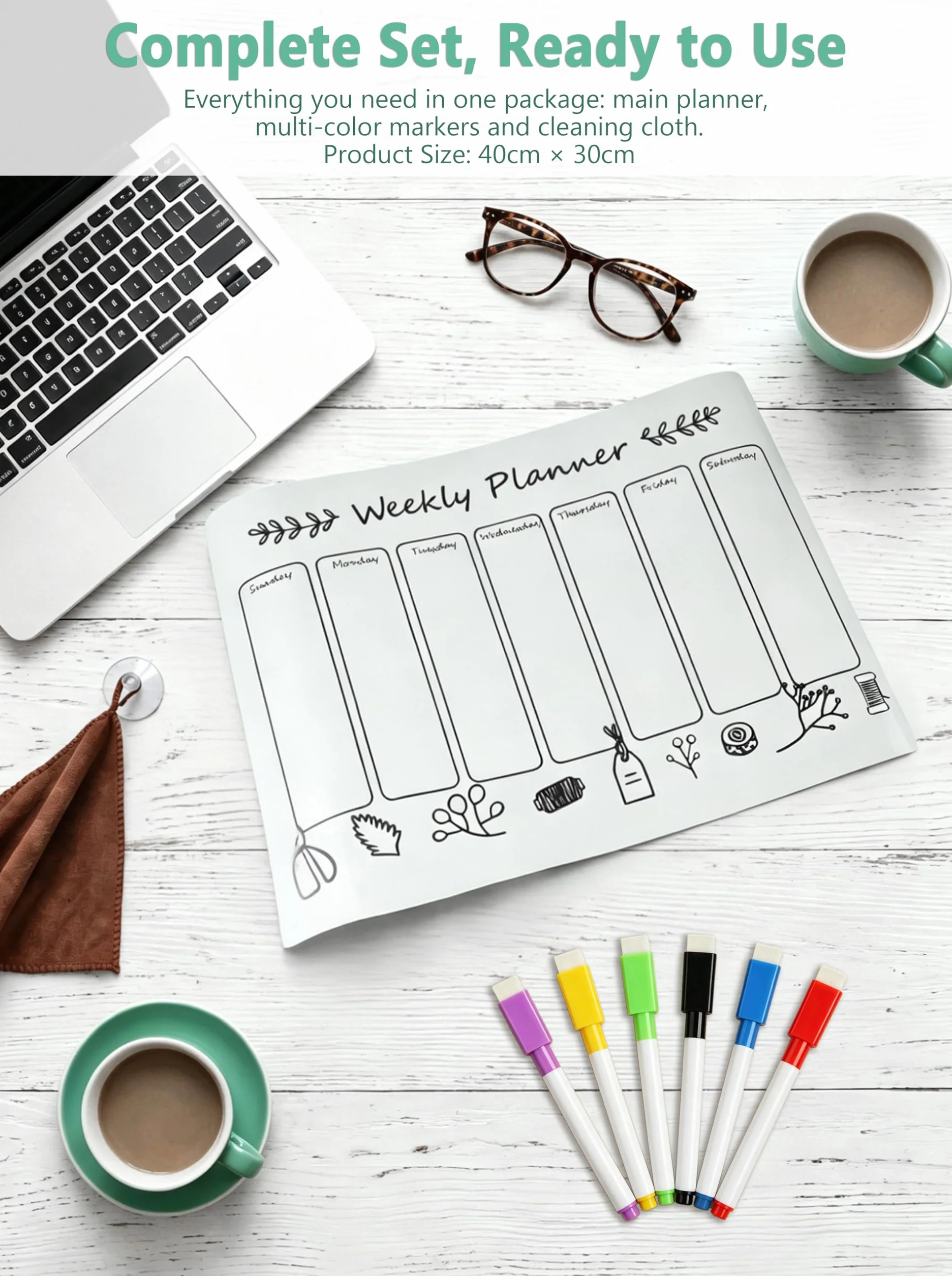 Tableau blanc magnétique effaçable avec 6 marqueurs et calendrier pour réfrigérateur, planificateur familial
