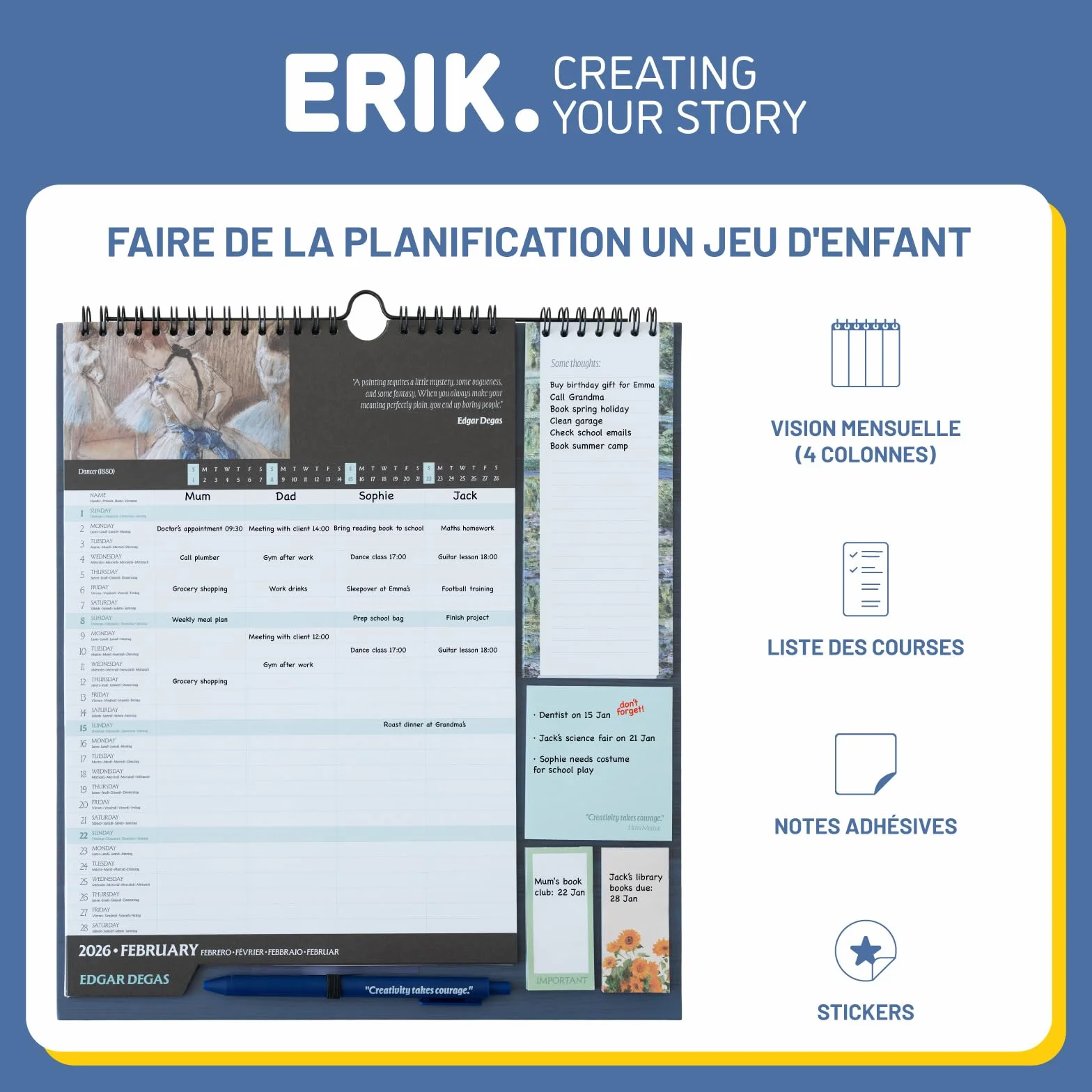 Grupo Erik Calendrier Art Planificateur Mensuel 16 mois Septembre 2025 à Décembre 2026 Familial avec Crochet