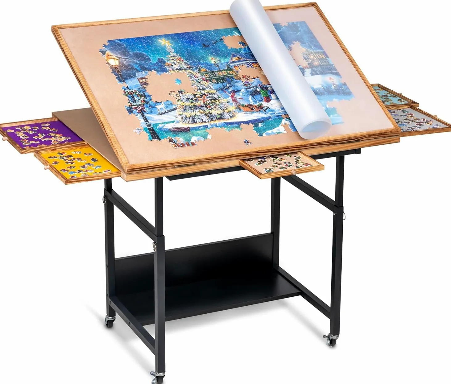Planche puzzle avec 4 tiroirs et couvercle en PVC, planche de puzzle inclinable avec réglage en hauteur pour jusqu'à 1500 pièces, avec 4 roulettes