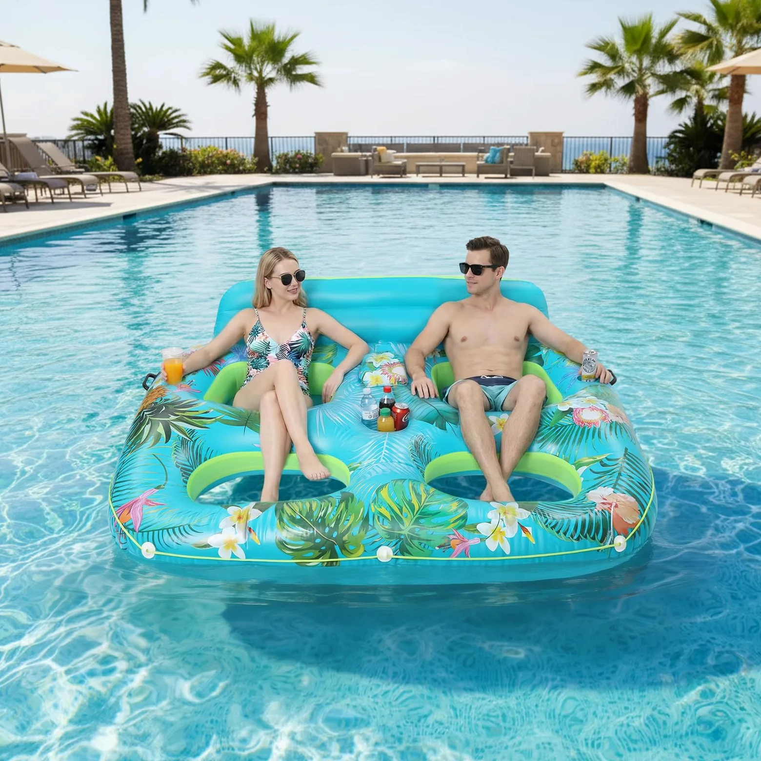 Matelas gonflable pour piscine 2 personnes, piscine solaire gonflable avec porte-gobelet et bar à glace, matelas gonflable à eau pour adulte avec appui-tête, PVC de 0,4 mm d'épaisseur, 167,64 x 198,12