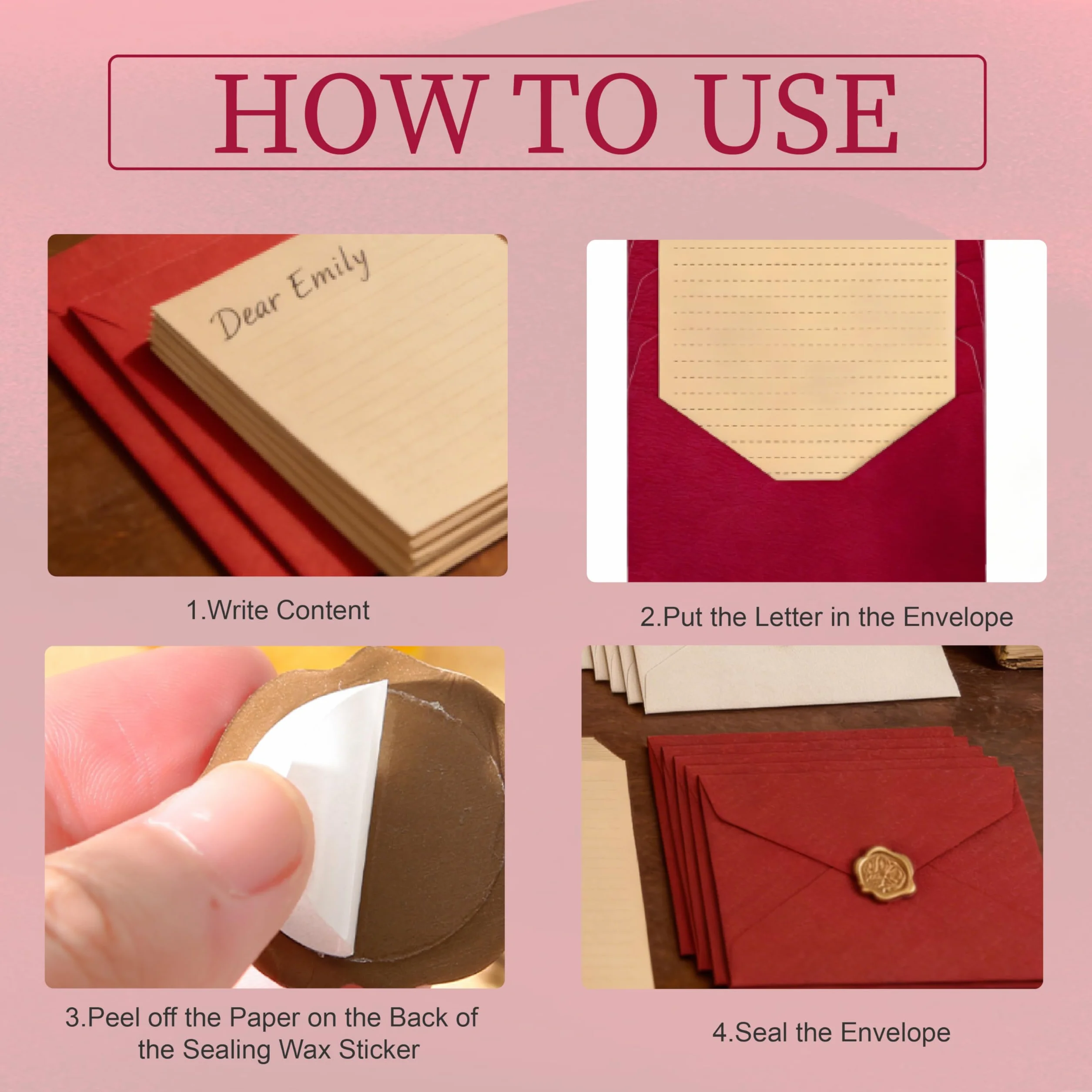 Ensemble Papier à Lettre Vintage, 5 Enveloppes Beiges, 5 Rouges, 30 Feuilles, 10 Autocollants Cire
