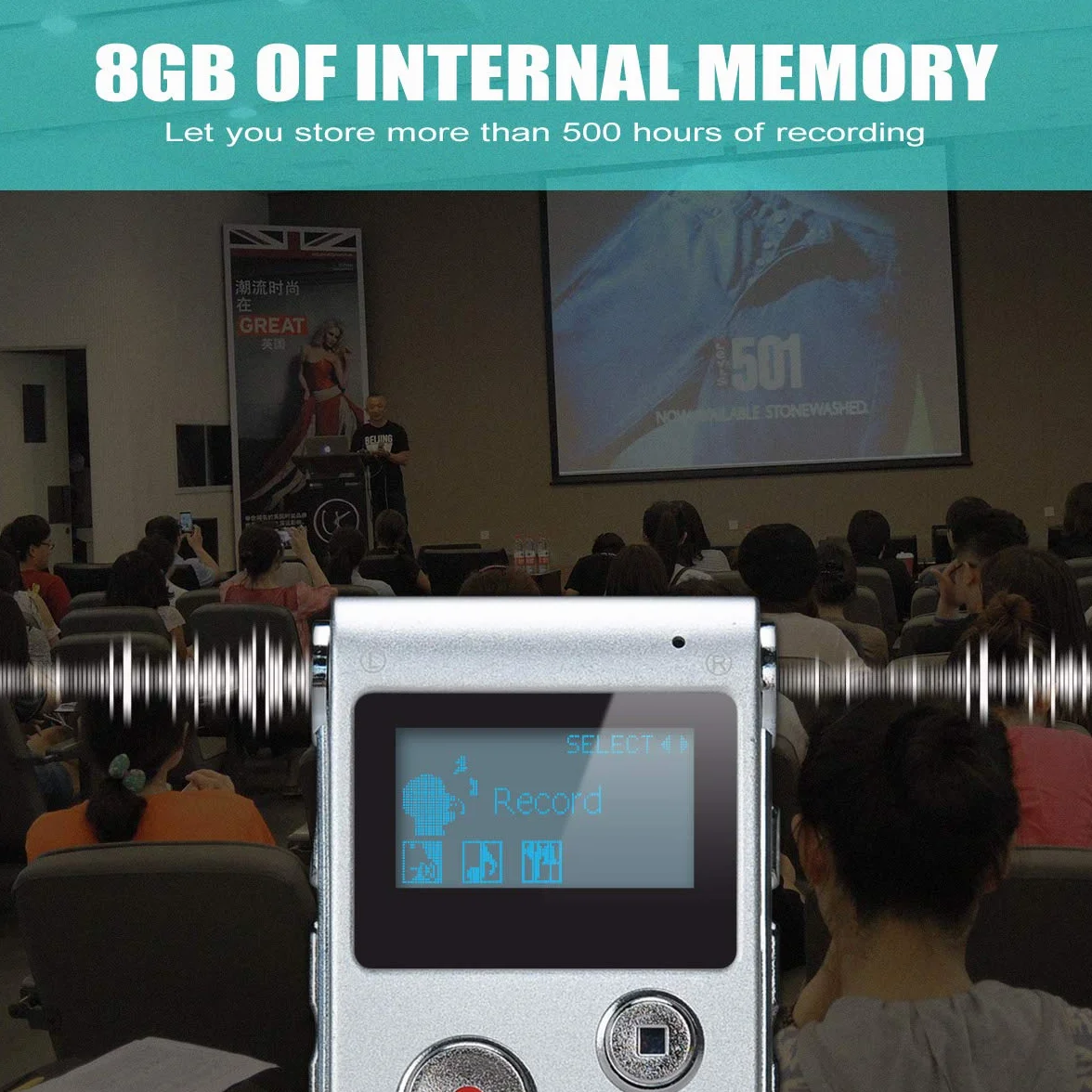 Dictaphone Enregistreur Numérique Portable 8GB Enregistreur Audio Lecteur MP3 LCD Argent