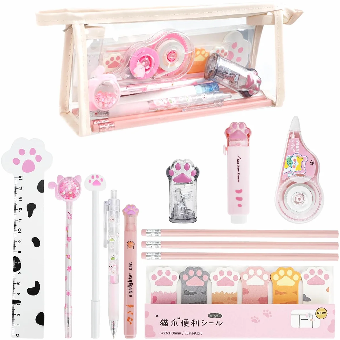Kit Papeterie Patte de Chat 13 Pièces, Mini Rouleau à Crayons, Gomme, Ruban Correcteur, Stylos, Règle, Notes Adhésives, Surligneurs