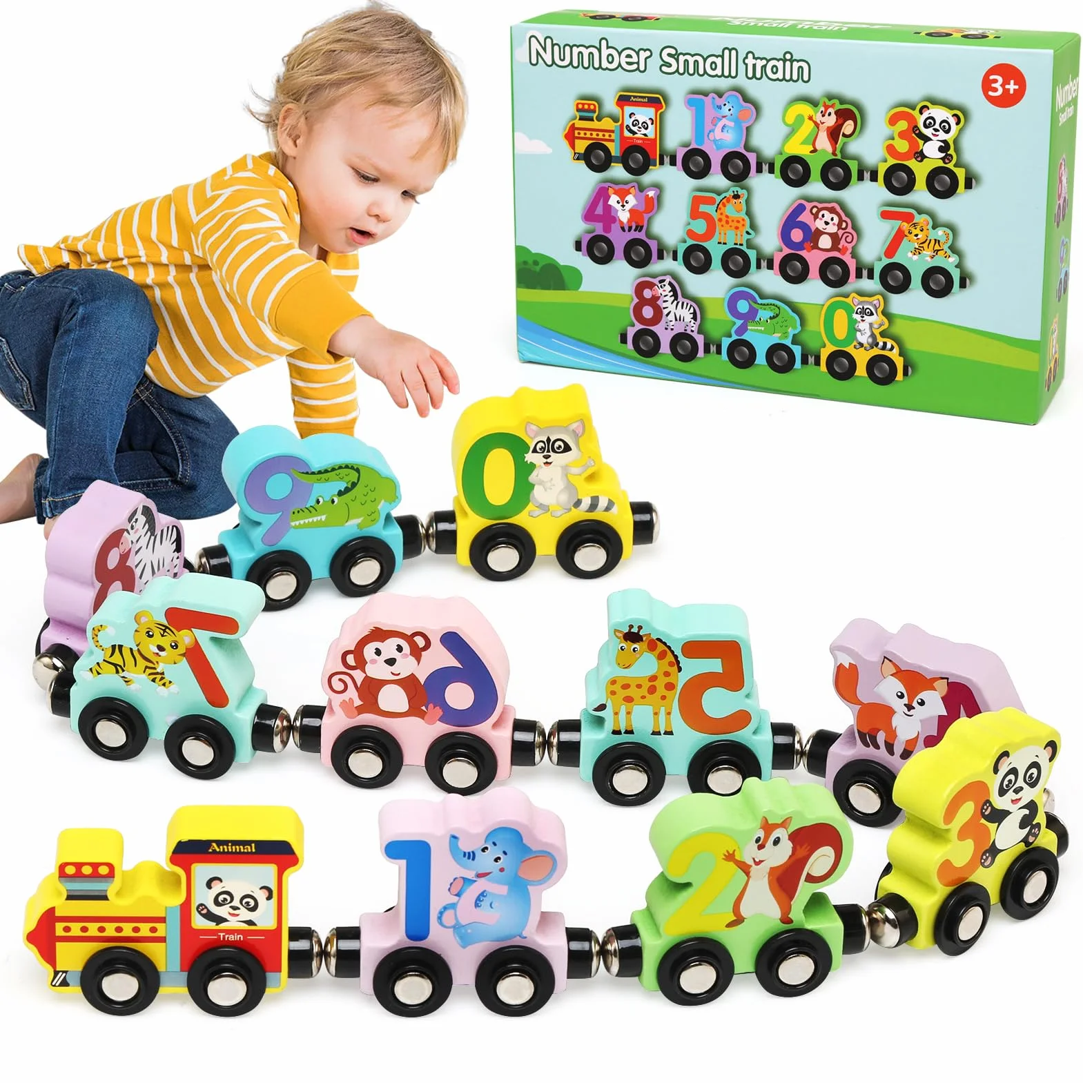 Train Jouet en Bois pour Enfant, Aimant Numéro Set, Montessori Voitures à Moteur Magnétique, Jeux Educatif 1-4 Ans