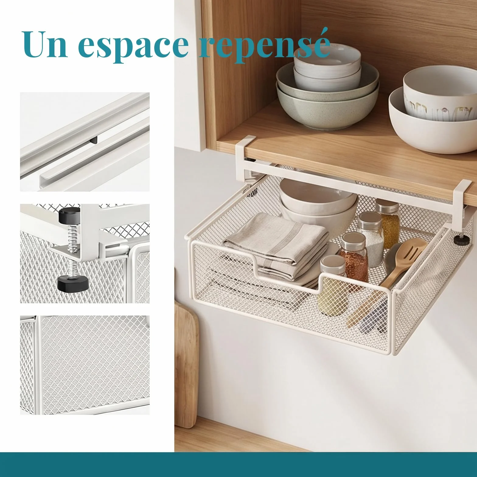 Milageto Panier de Rangement sous Tiroir de Bureau, Grande Capacité, Fer, Blanc