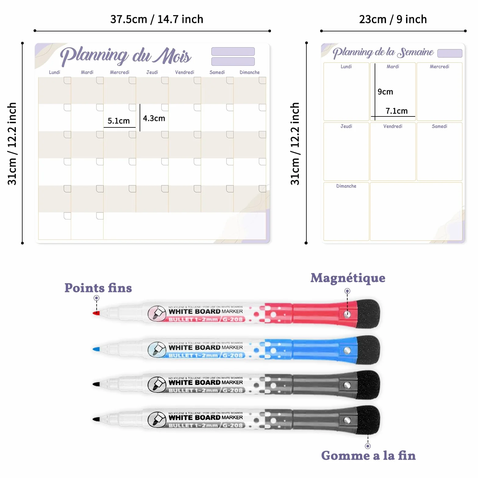 Tableaux Blancs Calendrier Effaçable à Sec Lot de 2 – Mensuel + Semainier avec 4 Marqueurs – Adhésif Non Magnétique pour Réfrigérateur Inox, Mur, Verre, Bois