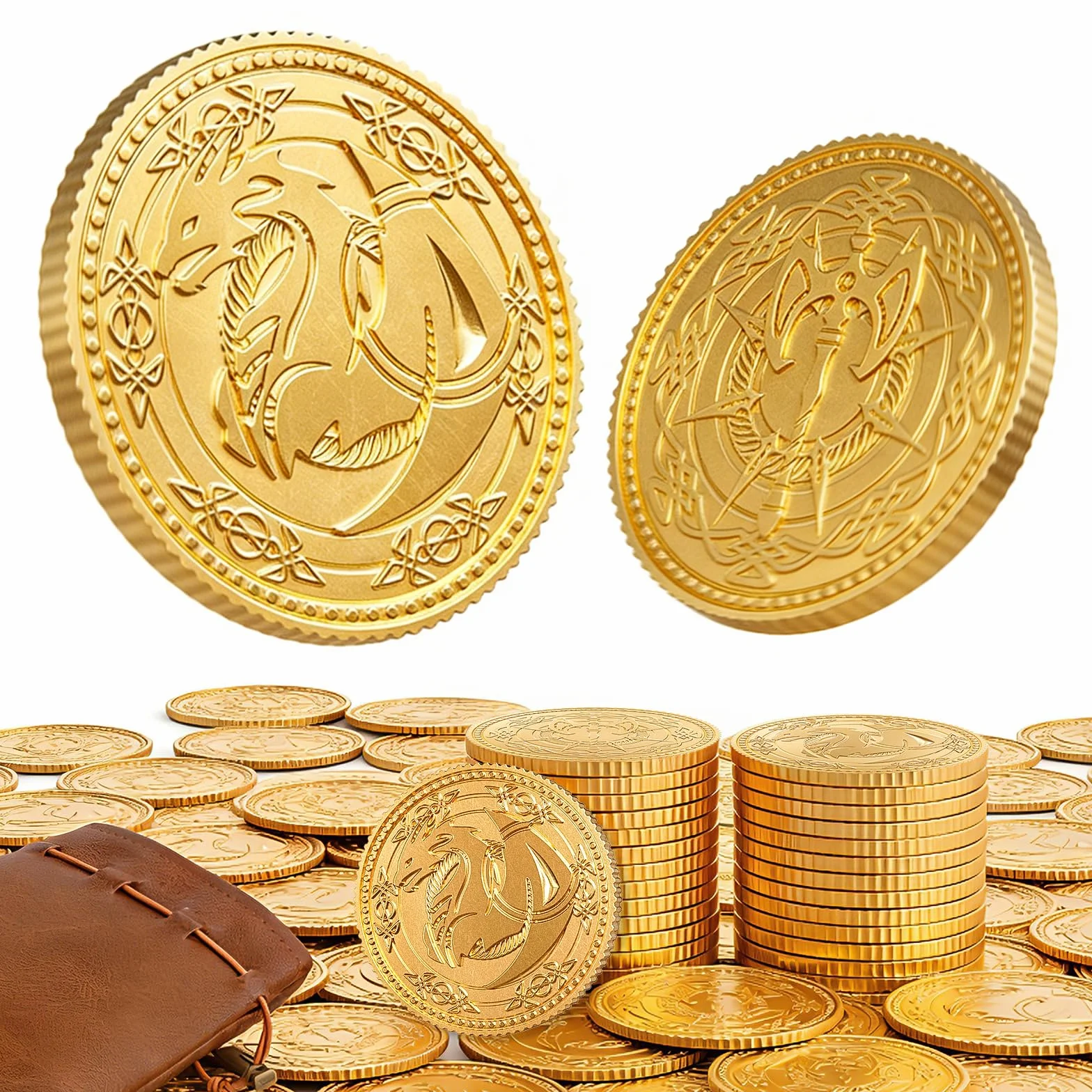 Dragon Yue DND pièces en métal dorées lot de 100 avec pochette en cuir, ensemble de trésor pour donjons et dragons accessoires RPG