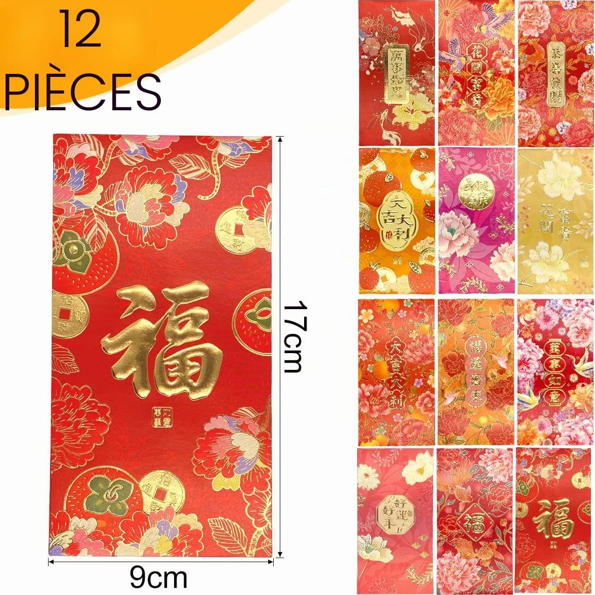 Enveloppes Rouges Hong Bao pour le Nouvel An Chinois, Grandes Enveloppes Porte-Bonheur pour Argent Liquide, Paquets Rouges Lai See