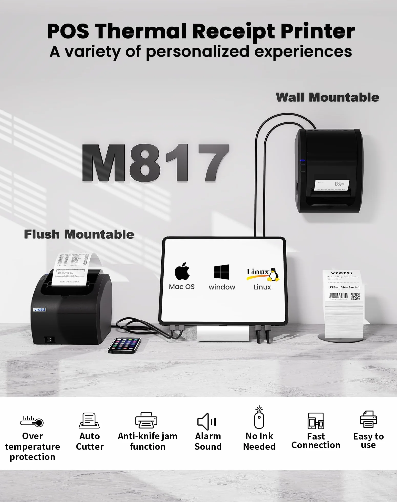 vretti Imprimante de Reçus Thermique 80mm, POS Imprimante Ticket de Caisse avec Support de Coupe Automatique, USB+LAN+Serial