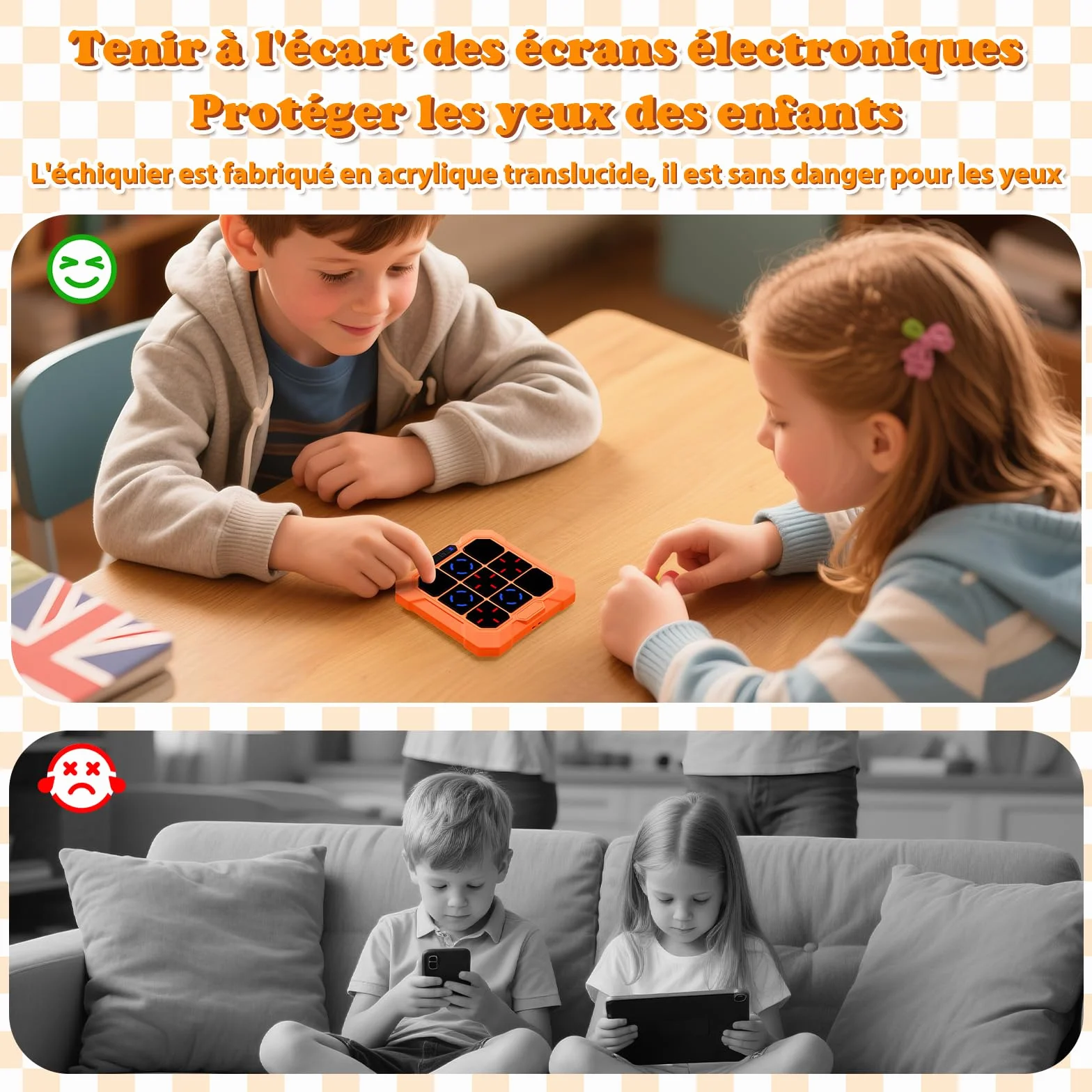BlueSwan Morpion Électronique 6‑en‑1 Console de Jeu Portable Rechargeable avec Mode Silencieux Orange