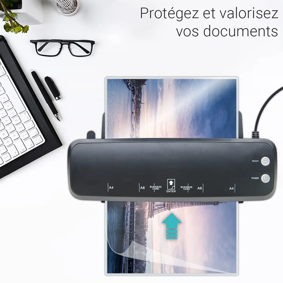 Plastifieuse A4 250 microns chauffe rapide vitesse 25 cm/min compatible pochettes A4/A5/A6 cartes levier anti-bourrage