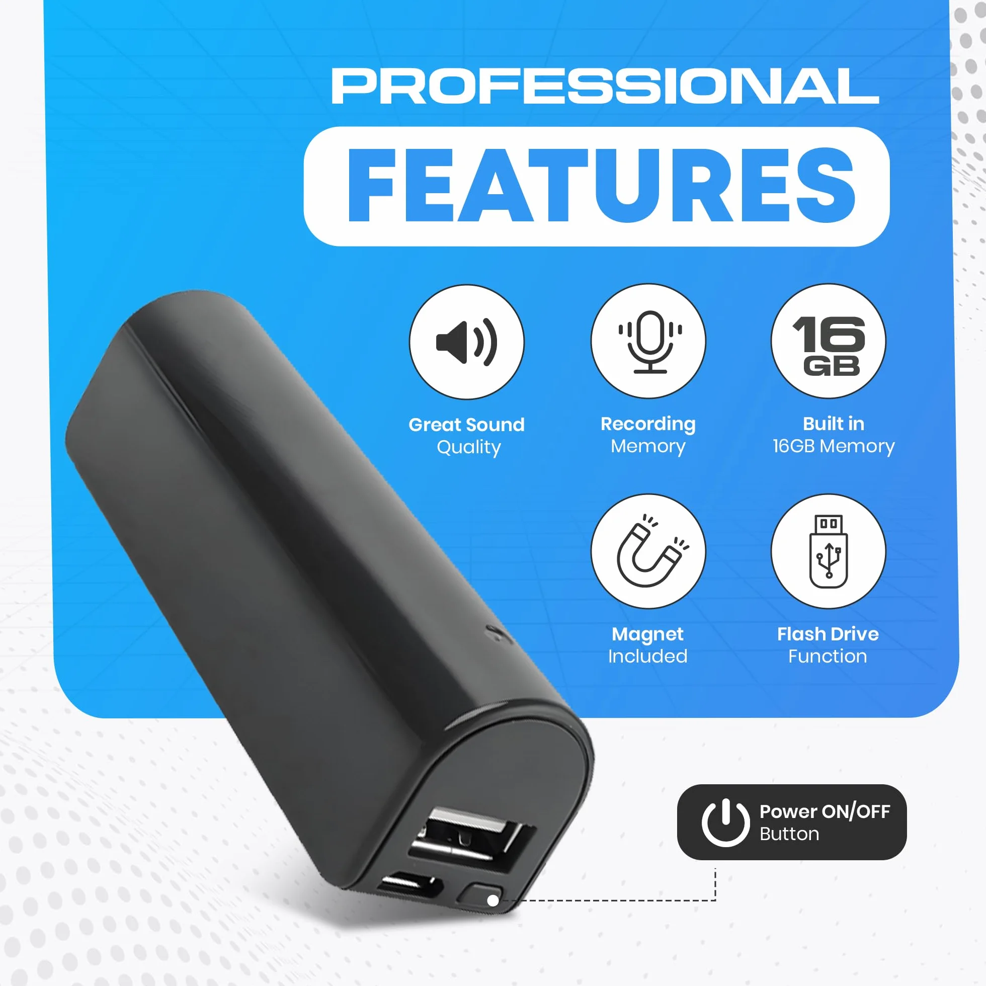 Mod Clé USB Dictaphone Power Bank 16 Go 576 heures Enregistrement Continu