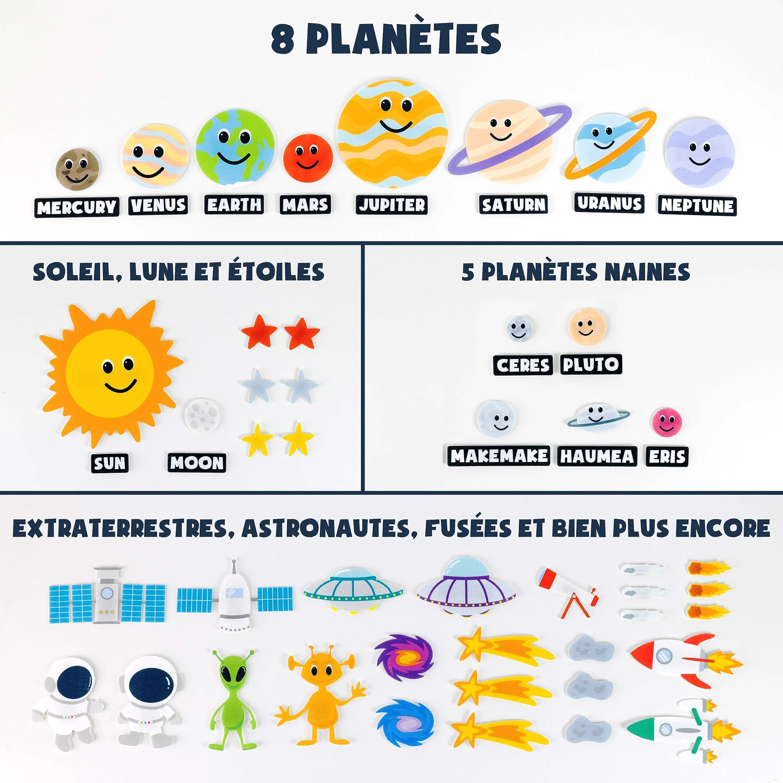 BONNYCO Systeme Solaire Enfant 61 Figurines Feutre Planetes Jouet Montessori Educatif Cadeau Garcon Espace 3 4 5 6 7 8 Ans