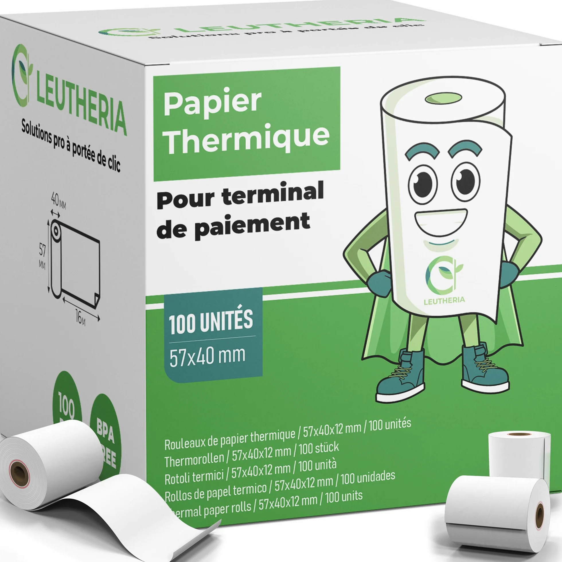 Bobine de papier thermique 57x40x12mm 15M sans BPA pour carte bleue ticket de caisse