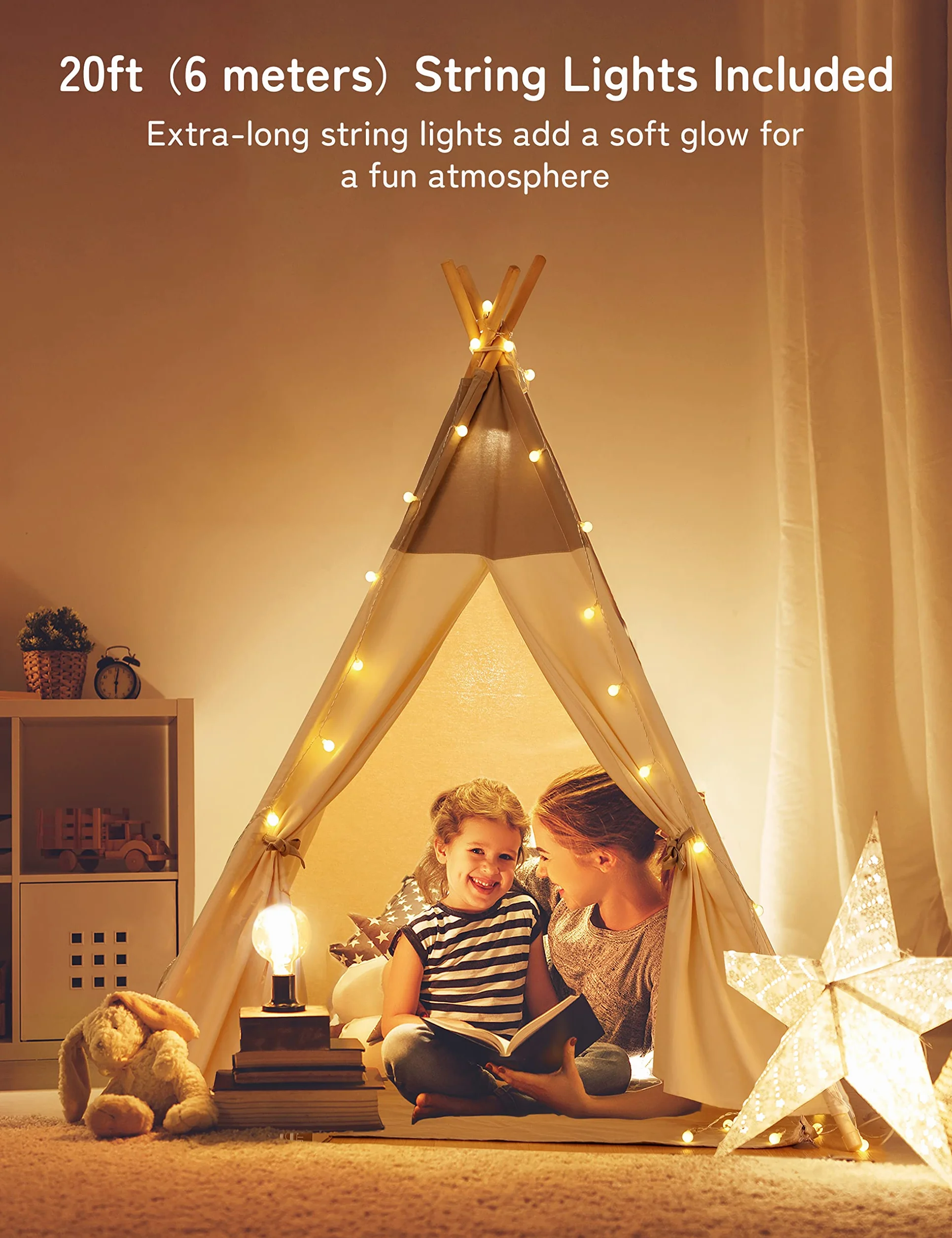 Tipi Enfant avec lumière Tapis & fixateur, Grande Tente Pliante pour Bebe Gris
