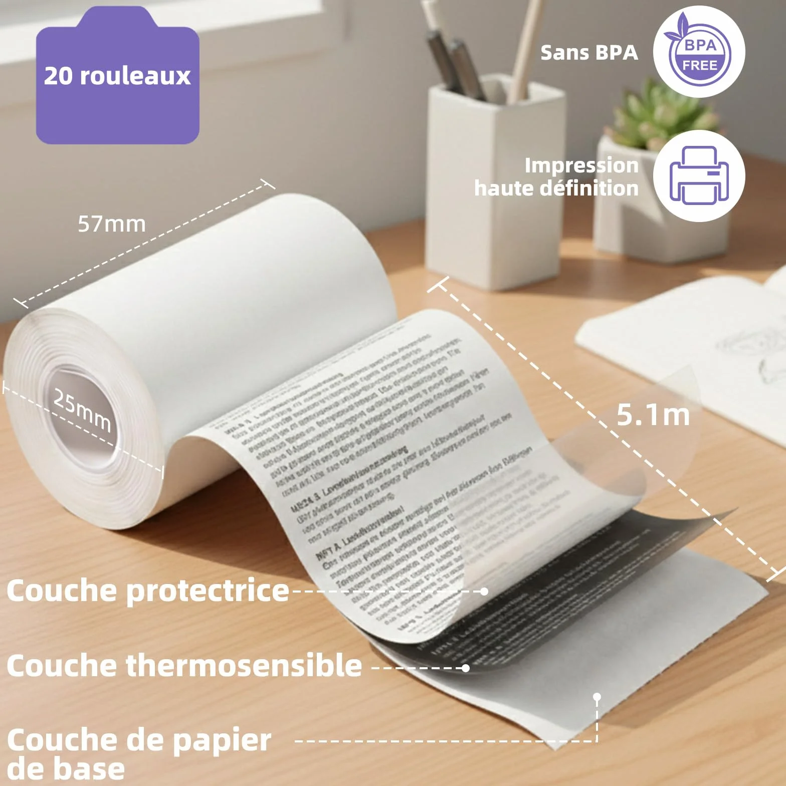 Papier Thermique 57mm x 25mm 20 Rouleaux pour Imprimante Photo Enfant
