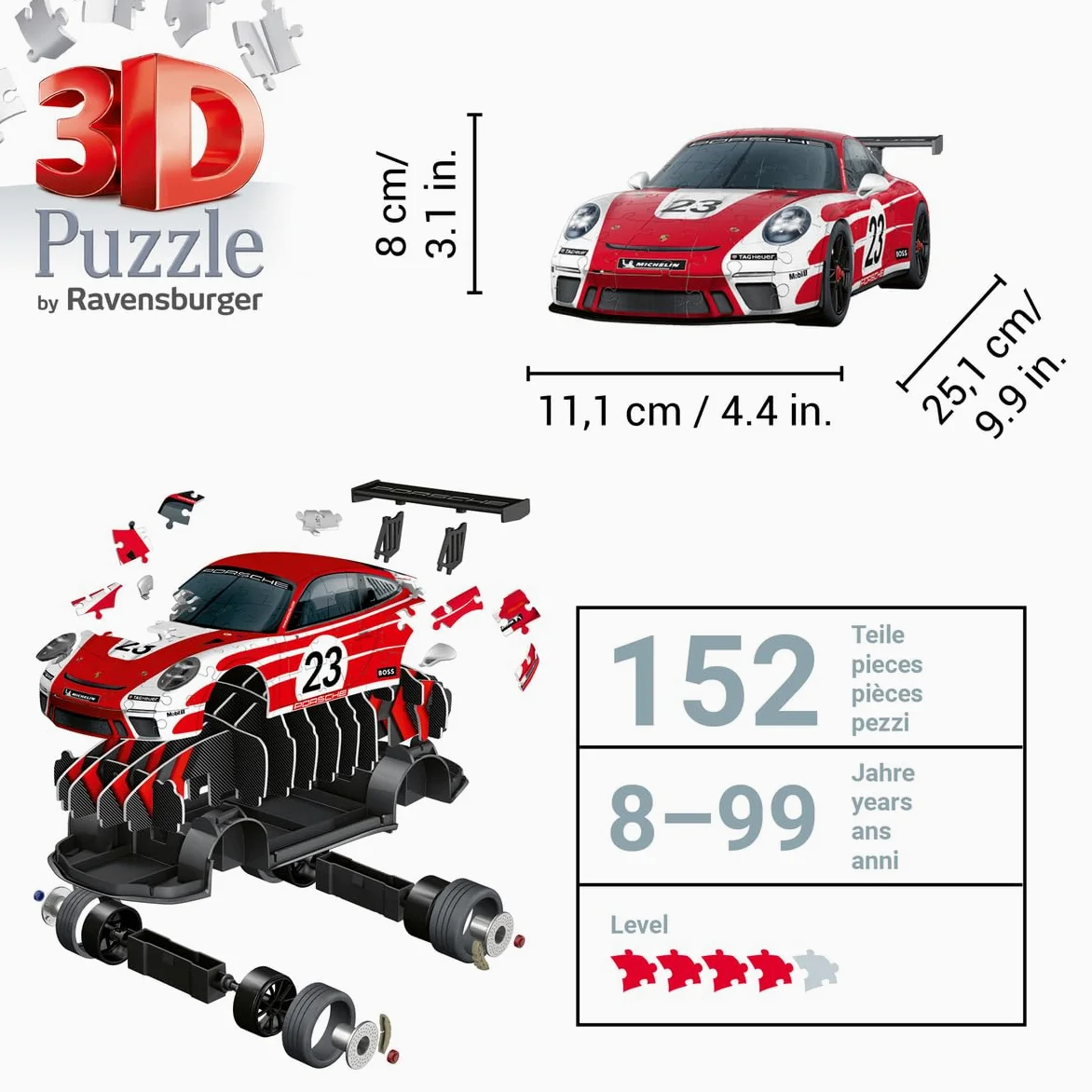 Ravensburger Puzzle 3D véhicules – Porsche 911 GT3 Cup Salzburg avec Grille de Construction – dès 10 Ans – 108 pièces numérotées à Assembler sans Colle – Accessoire de Finition Inclus – 11558