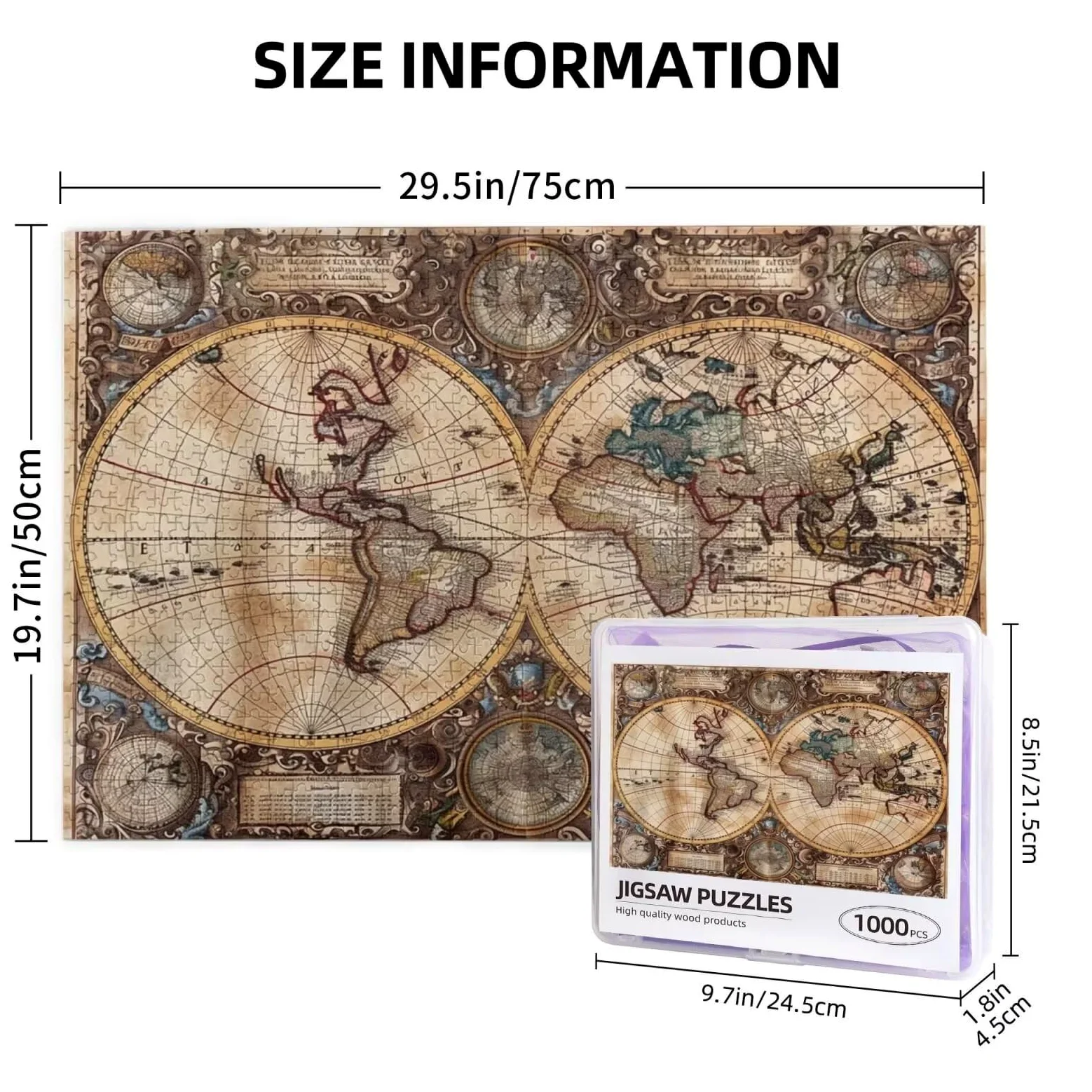 Rétro Puzzle 1000 Pièces Adultes Puzzle Carte du Monde Motif Design avec Emballage Cadeau pour Cadeau Femme, Activité Familiale Stimulante Débutants pour Decoration Murale Maison 75 x 50 cm -1519Y