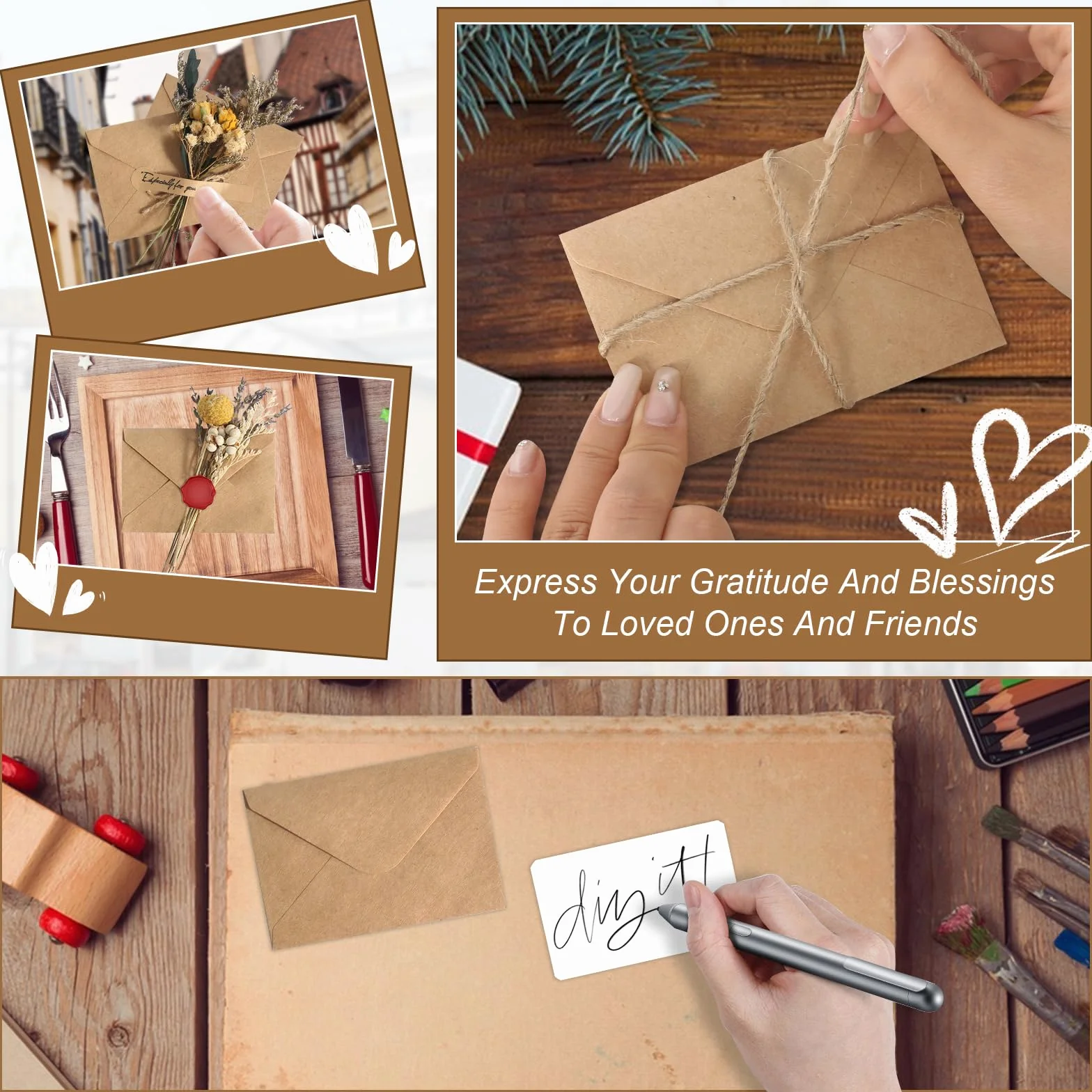 Enveloppes en Papier Kraft Vintage 100 Pièces Mini Enveloppes 100 Cartes Vierges pour Lettres Cartes de Vœux