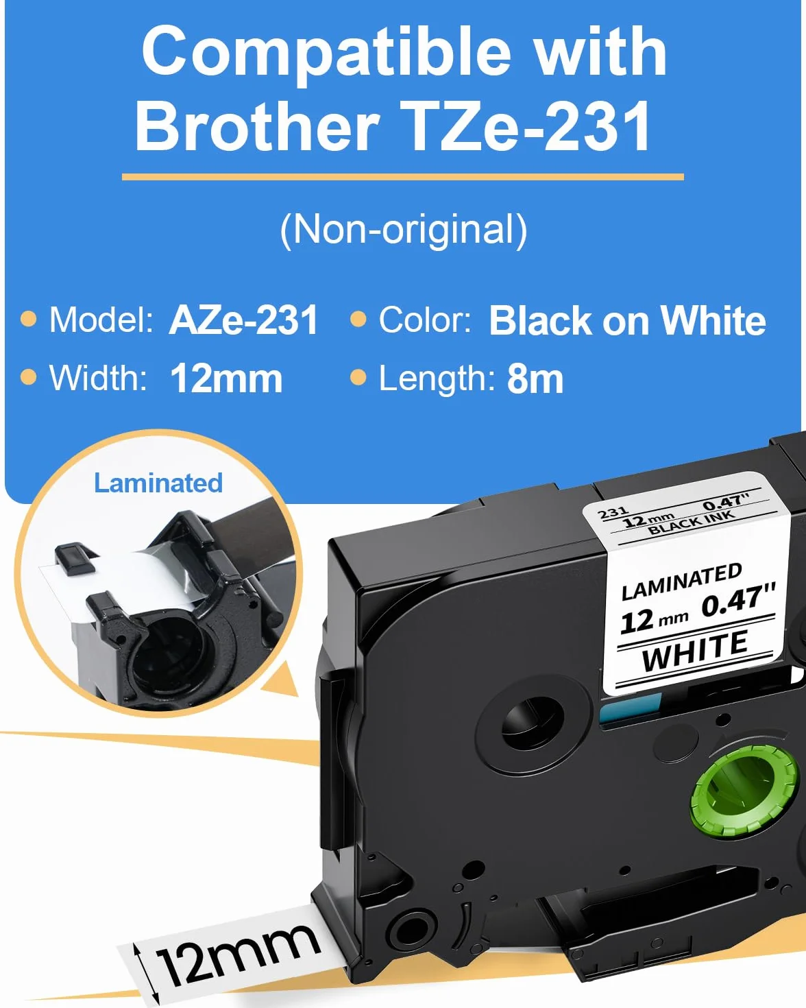 Ruban Compatible Brother P-touch TZe-231 12mm Noir sur Blanc, Pack de 5
