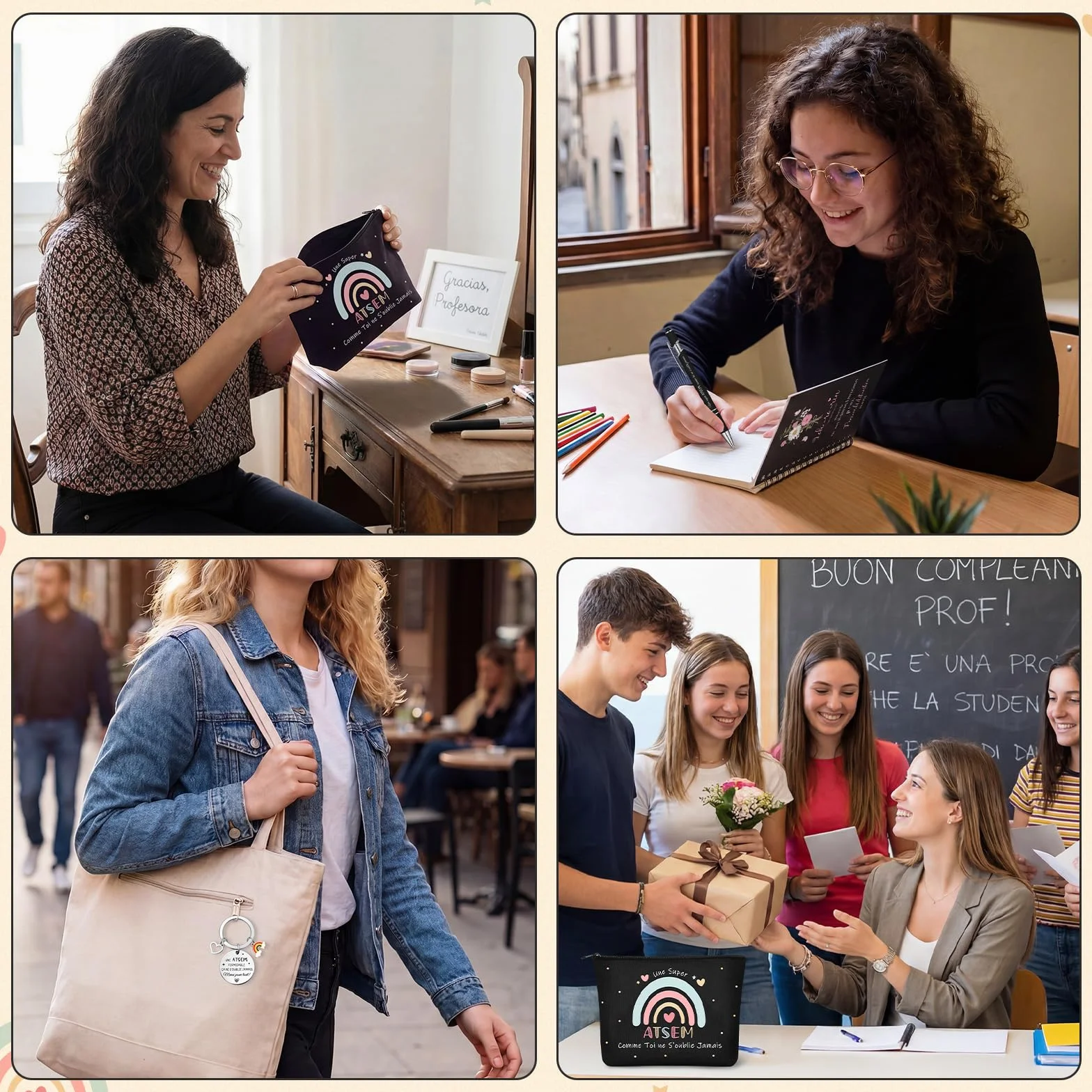 Coffret Cadeau ATSEM 3 Pièces Trousse de Maquillage Porte-Clés Stylo à Bille