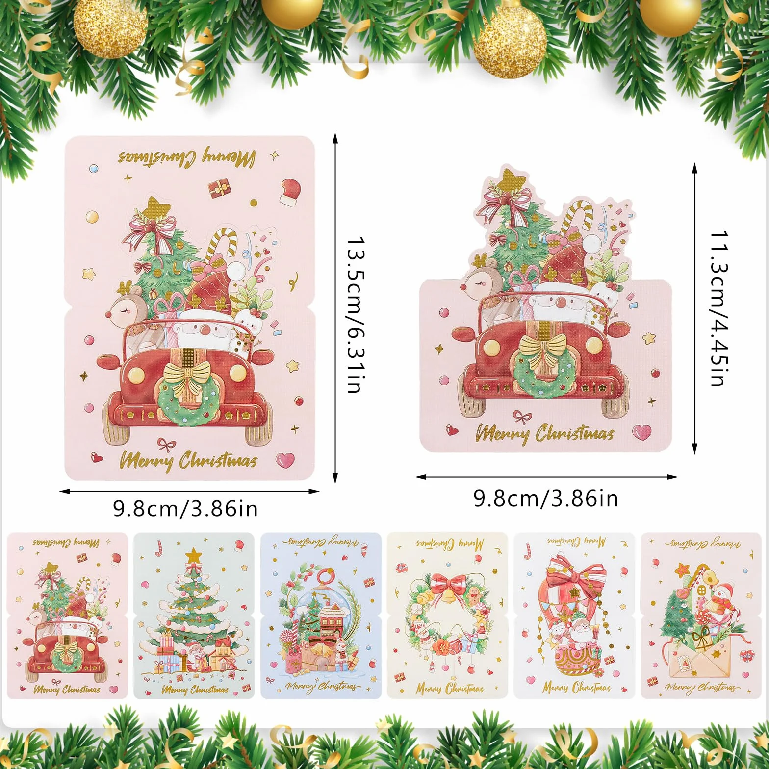 Cartes Joyeux Noel Dorée 6 Motifs Carte Postale Pliées 12PCS Cadeaux de Noël