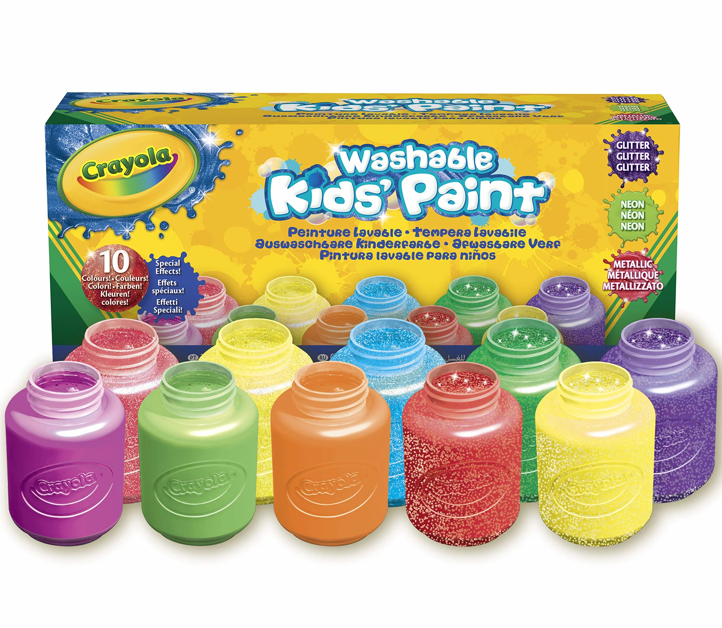 CRAYOLA 10 Gouaches lavables Effets spéciaux Neon Glitter Metal 59 ml Lot de 10
