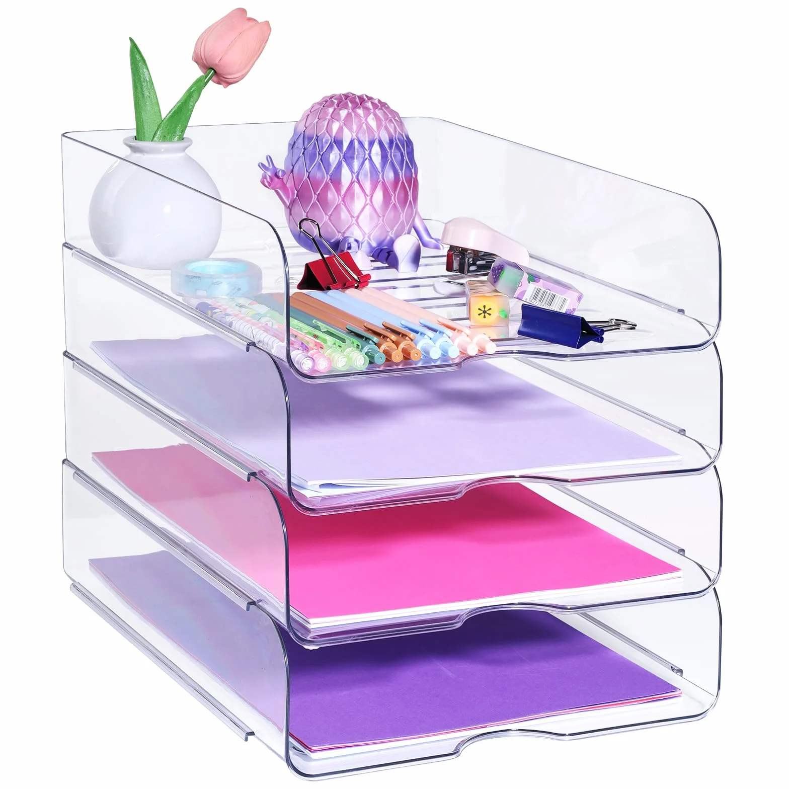 Bacs à courrier transparents empilables pour papier A4, lot de 4