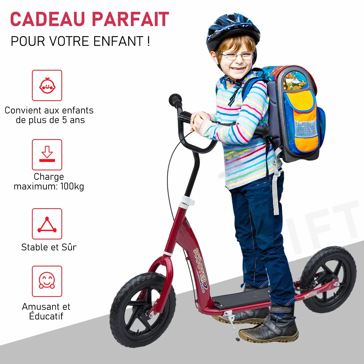 HOMCOM Trottinette Enfant patinette pneus 30 cm Hauteur Guidon réglable Frein béquille Acier 5 Ans