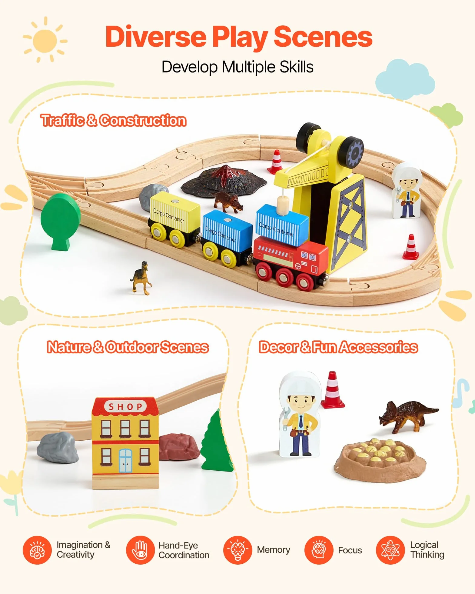 VEVOR Circuit de Train Bois Enfants 70 PCS Ensemble Rails, avec Grue Magnétique, Compatible Grandes Marques