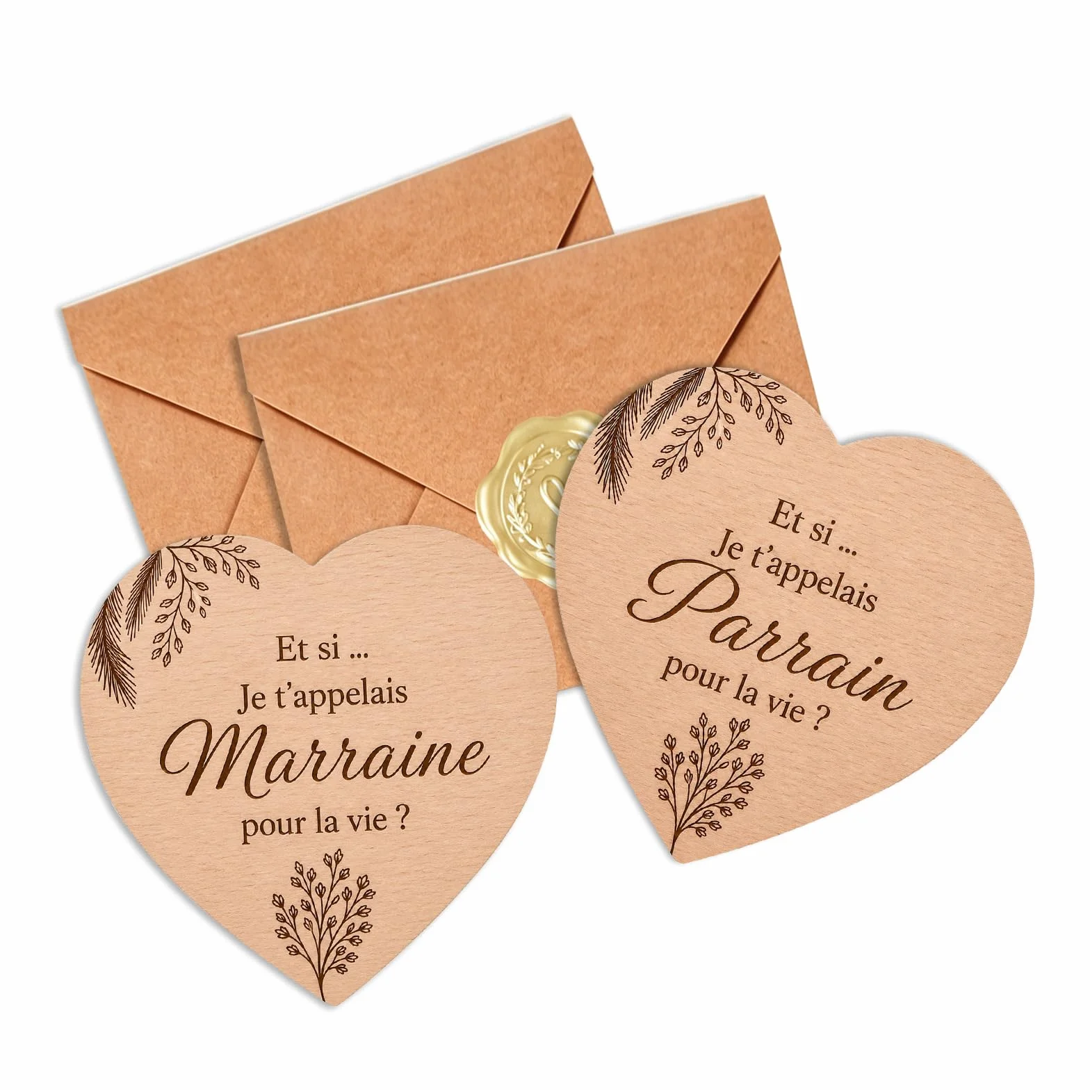 Cœurs Gravés Parrain Demande Marraine Baptême Naissance Lot 4 Pièces 10x9 cm Enveloppes Kraft Cadeau Bébé Famille