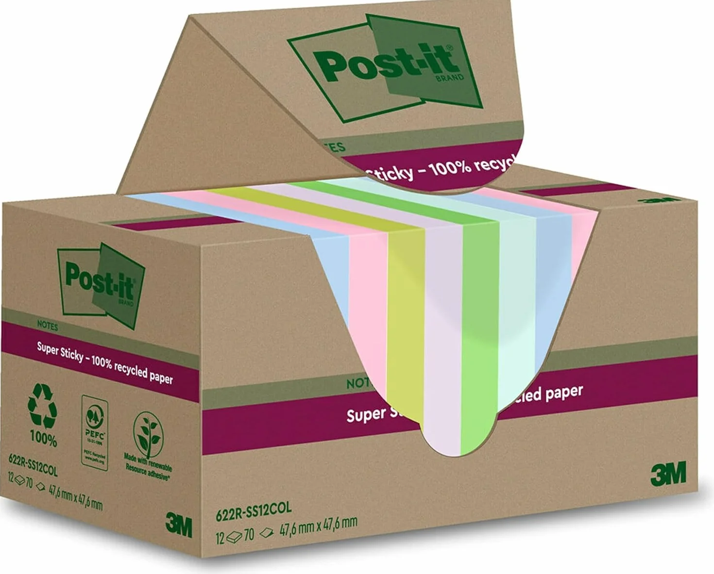 Post-it Notes Autocollantes Super Sticky Recyclés 12 Blocs 70 Feuilles 47.6 mm x 47.6 mm Papier 100% Recyclé